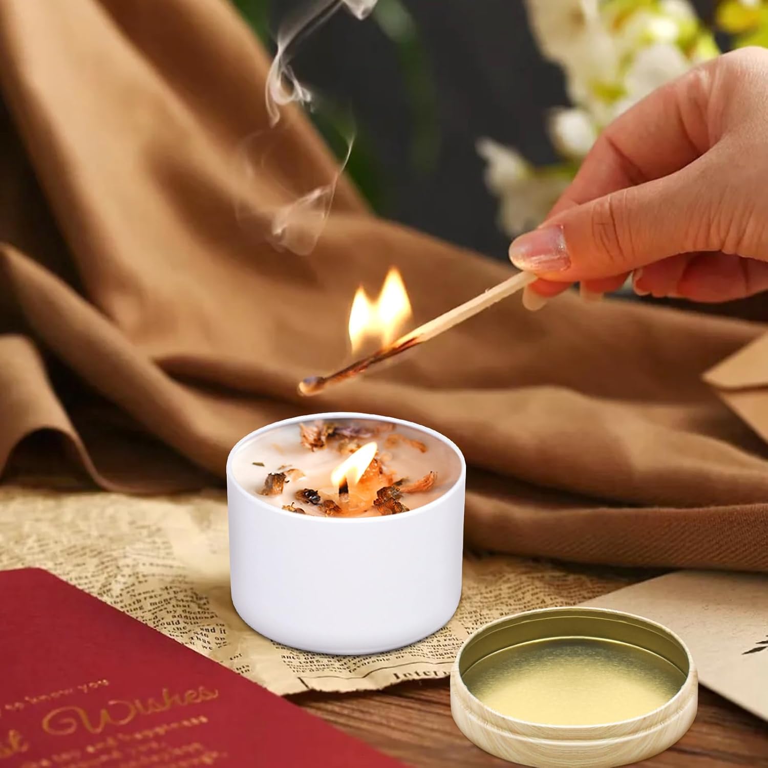 48-Pack Candle Jars, 24pcs 8oz + 24pcs 4oz Candle tins with Metal Wood-Grain Printing Lids, Empty Candle Jars for Making Candles Bulk Candle Containers-White