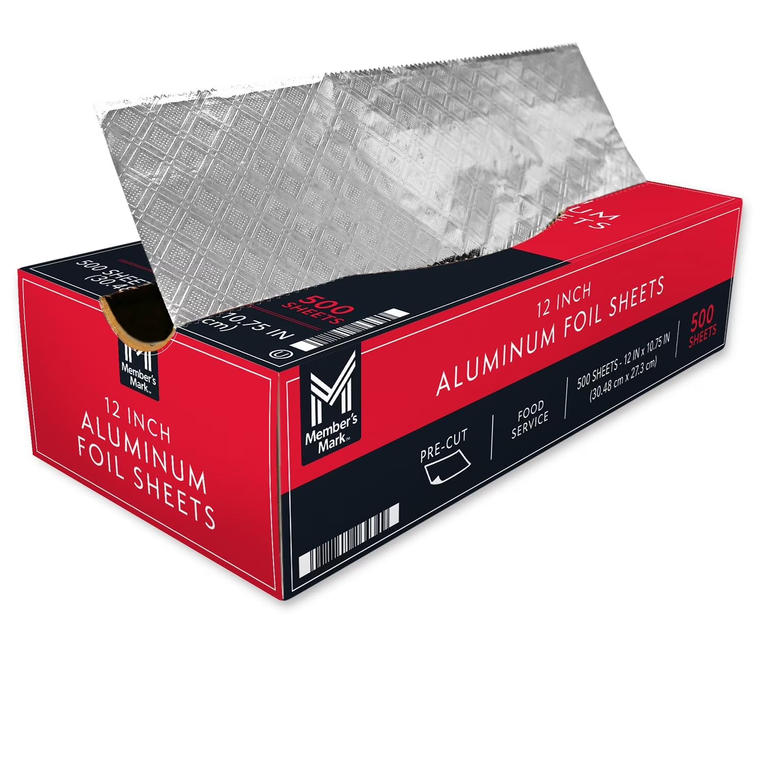 Member Marks Wide Pop-Up Foil Sheets, 12" x 10.75" (500 ct) - Large Pre-Cut Aluminum Foil Sheets for Foodservice & Restaurants - Interfolded Mess-Free Dispenser Box - Professional Grade & Oven Safe