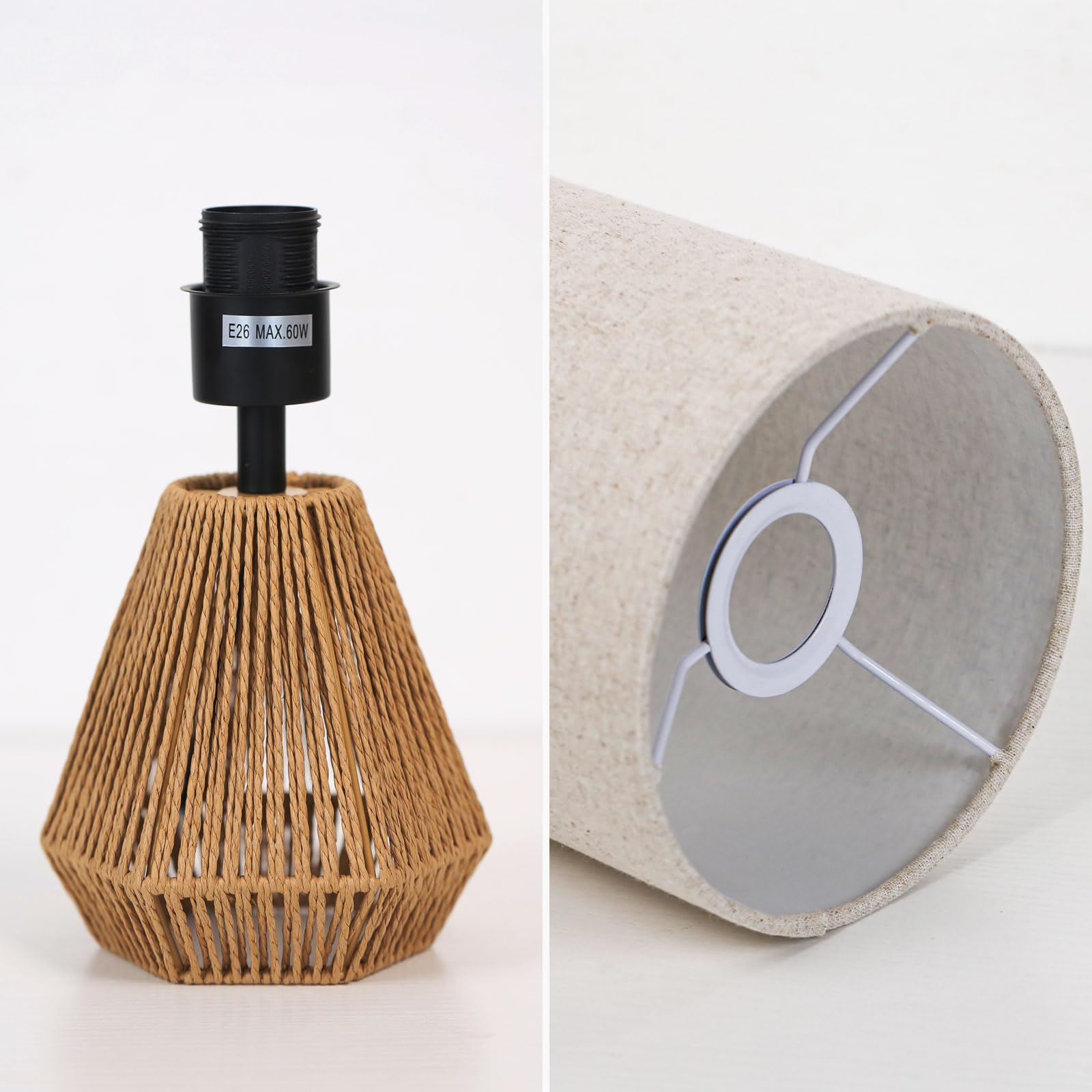 KUNJOULAM Rattan Table Lamp – 14 Inch Small Nightstand Lamp With Linen Fabric Shade, Boho Desk Light For Bedroom, Living Room, Home Office (Bulb Not Included)