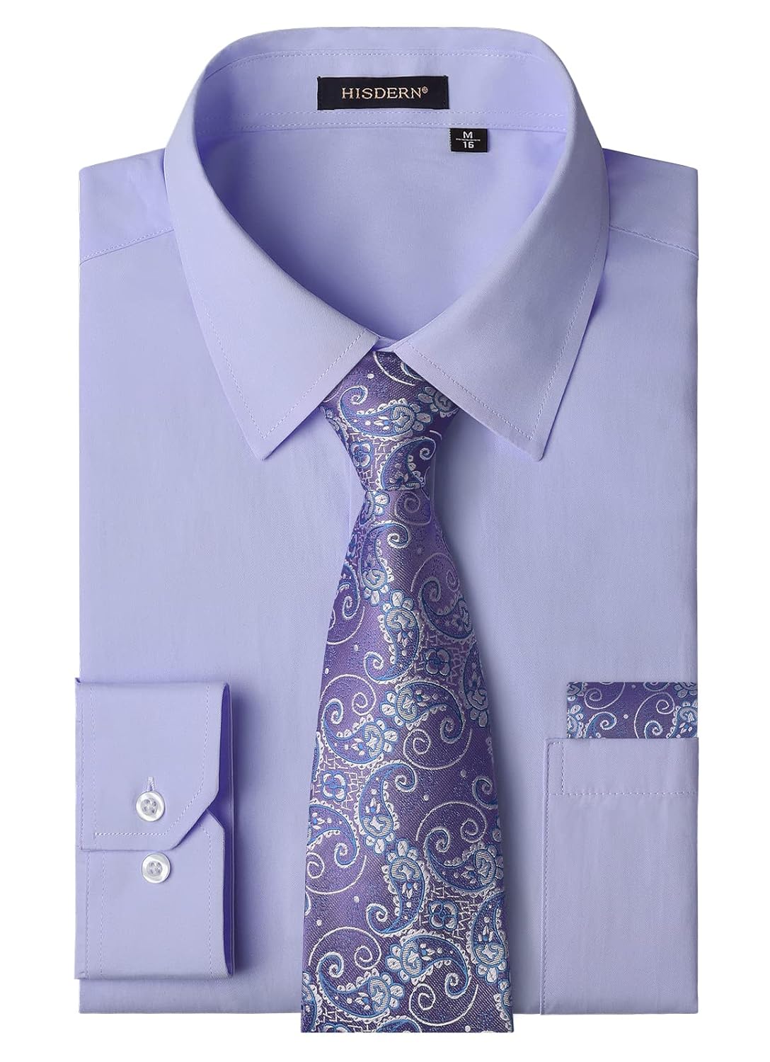 HISDERN Mens Dress Shirt with Tie Pocket Square Set Classic Button Down Shirt Matching Tie Long Sleeve Shirts