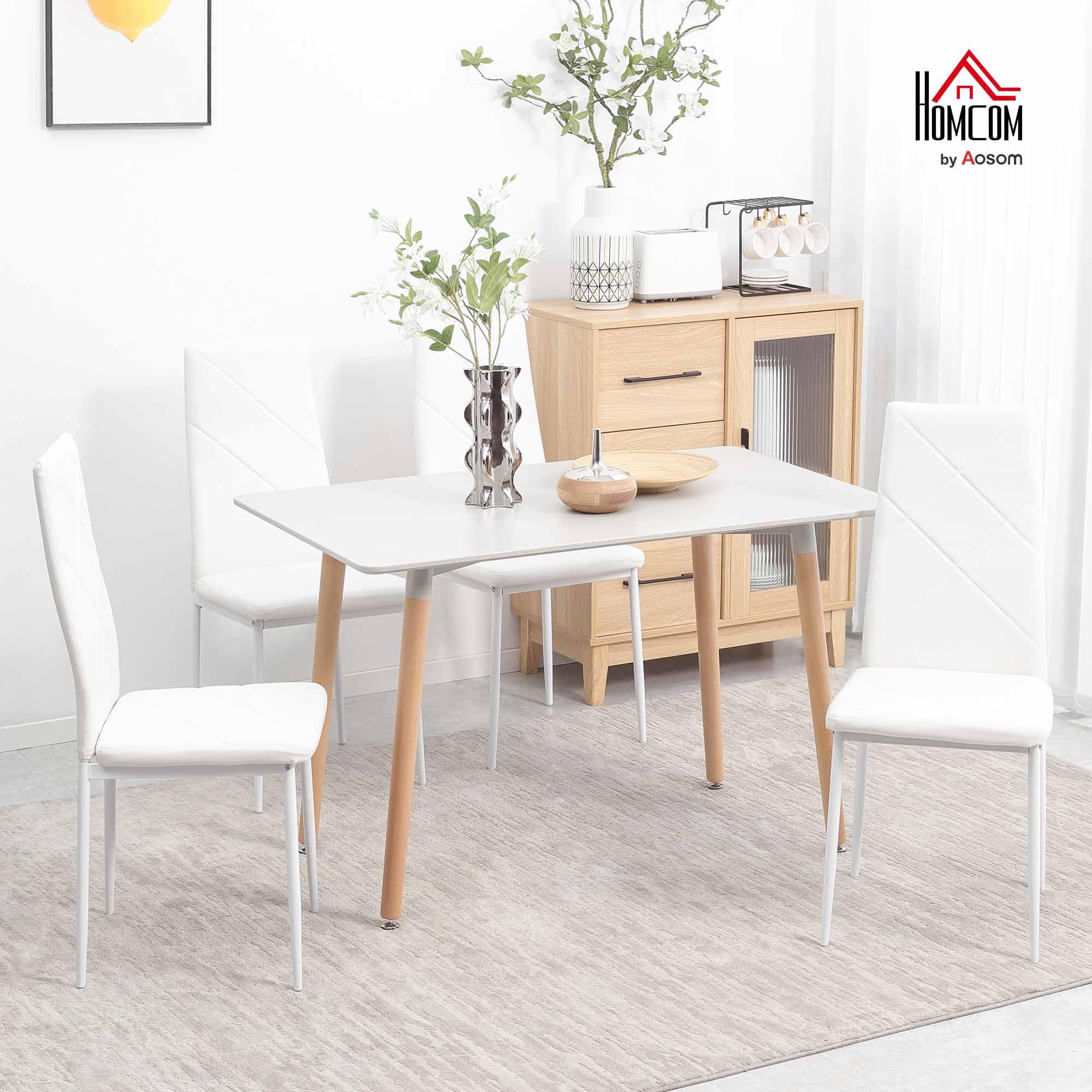HOMCOM Set 4 Sedie Sala da Pranzo Imbottite con Schienale Alto, Sedie Cucina in Finta Pelle Cuciture a Diamante con Piedini Antiscivoli e Gambe in Acciaio per Soggiorno, 41x50x97 cm, Bianco