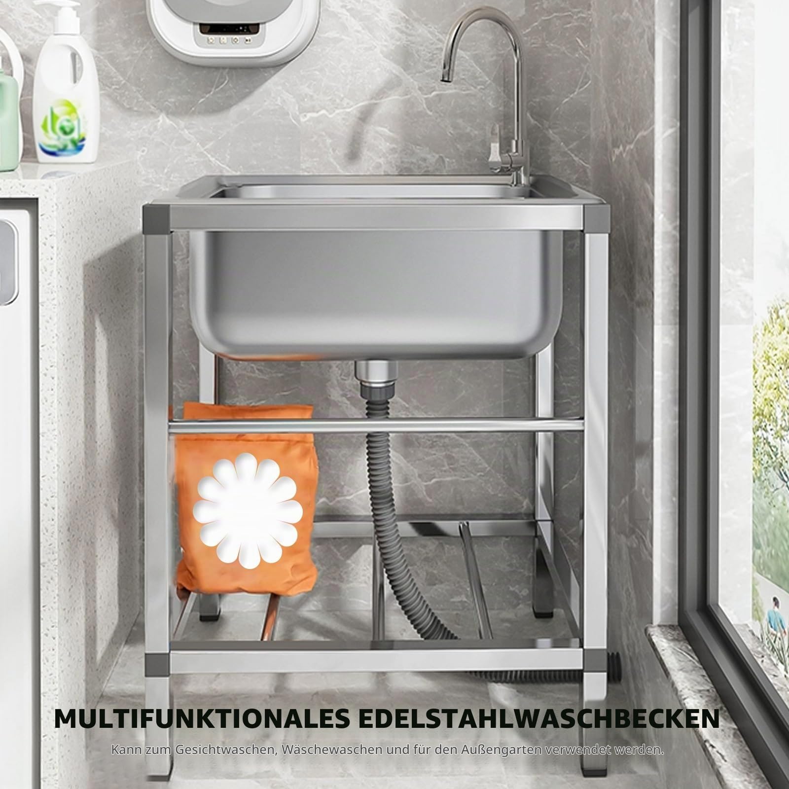 Lavabo portatile da esterno in acciaio con rubinetto e rubinetto, ideale per giardino, campeggio e seminterrato, lavabo
