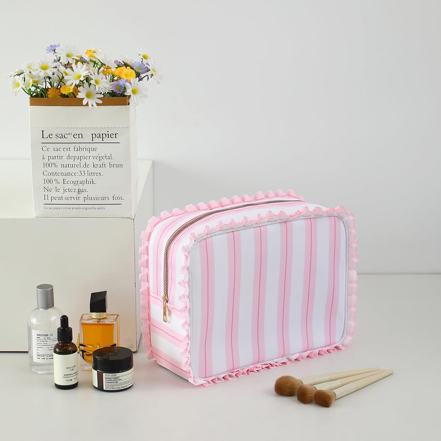 Stripe Ruffle Makeup Bag,Large Travel Cute Cosmetic Bag for Women Girls,Toiletry Bag Make up Organizer 11.8 x 4.7 x 9 inch (Pink Stripe) - Image 2