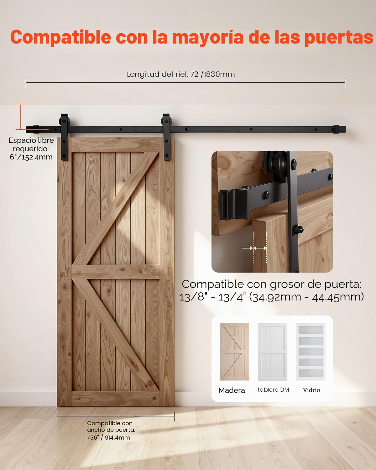 VEVOR Kit de Herrajes para Puerta Corrediza de Granero de Acero al Carbono Riel de 1,83 m para Una Sola Puerta Ancho Máximo de 91,44 cm Espesor de 34,92-44,45 mm Carga de 150 kg para Hogar, Negro