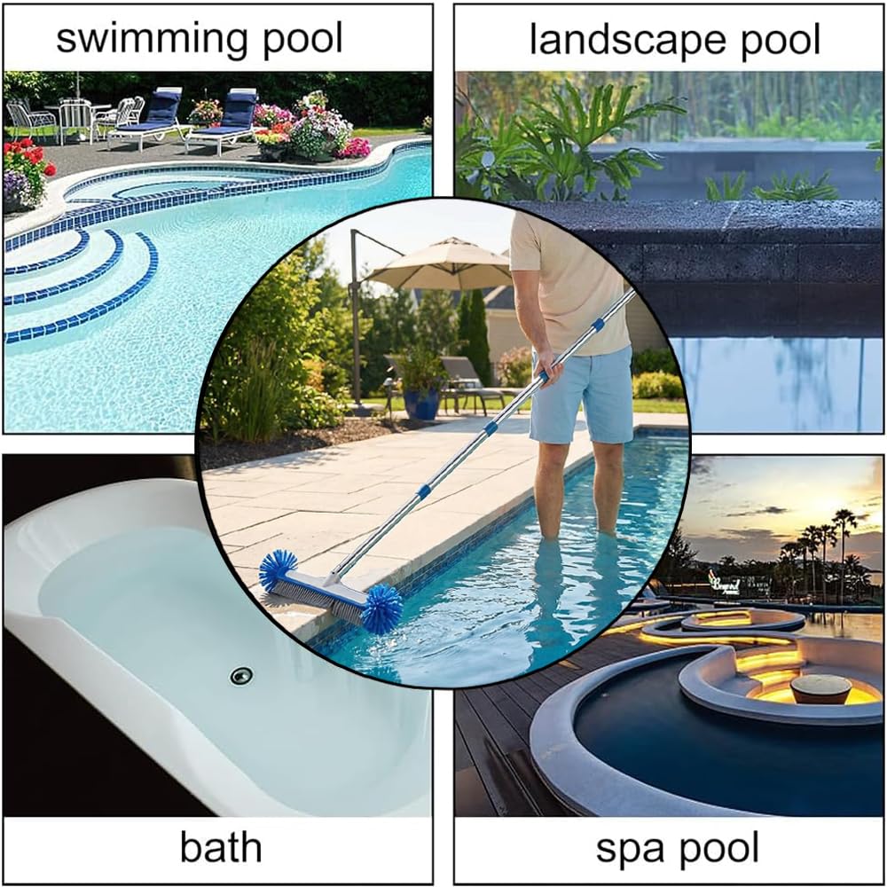 Cepillo de Piscina con Barra Telescópica de 230 cm de Largo,Cepillos de Limpieza de Piscina con Extremos Redondos de 45 cm,Escoba de Piscina con Barra de Acero Inoxidable Ajustable,para Limpieza de