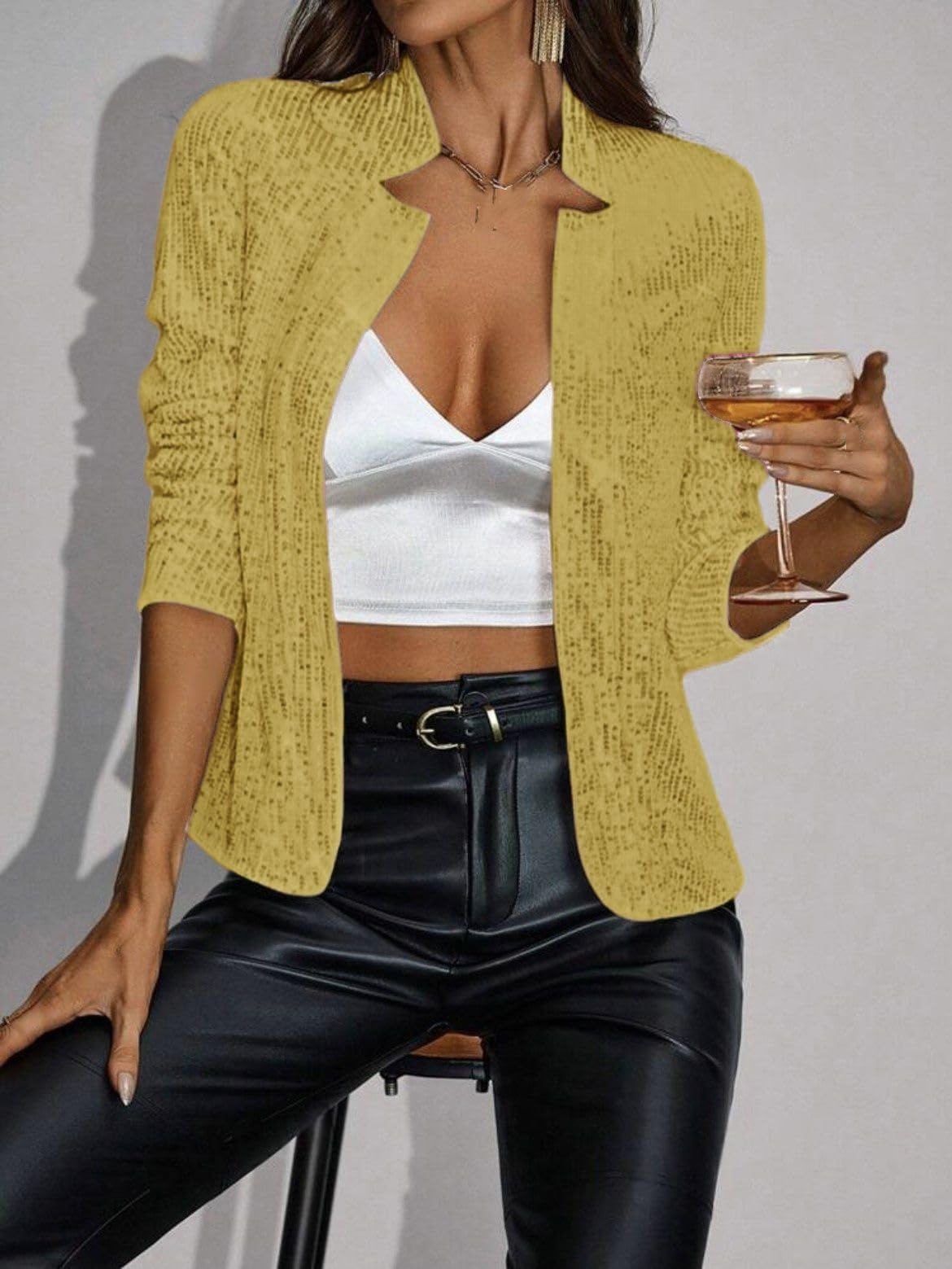 Paillettenjacke Damen Cardigan mit Offener Vorderseite Leichtes Kurzes 3/4 Ärmel Top Glitzernder Blazer Damen Bolero Glänzender Schulterjäckchen Dünne Oberbekleidung für Den Abend