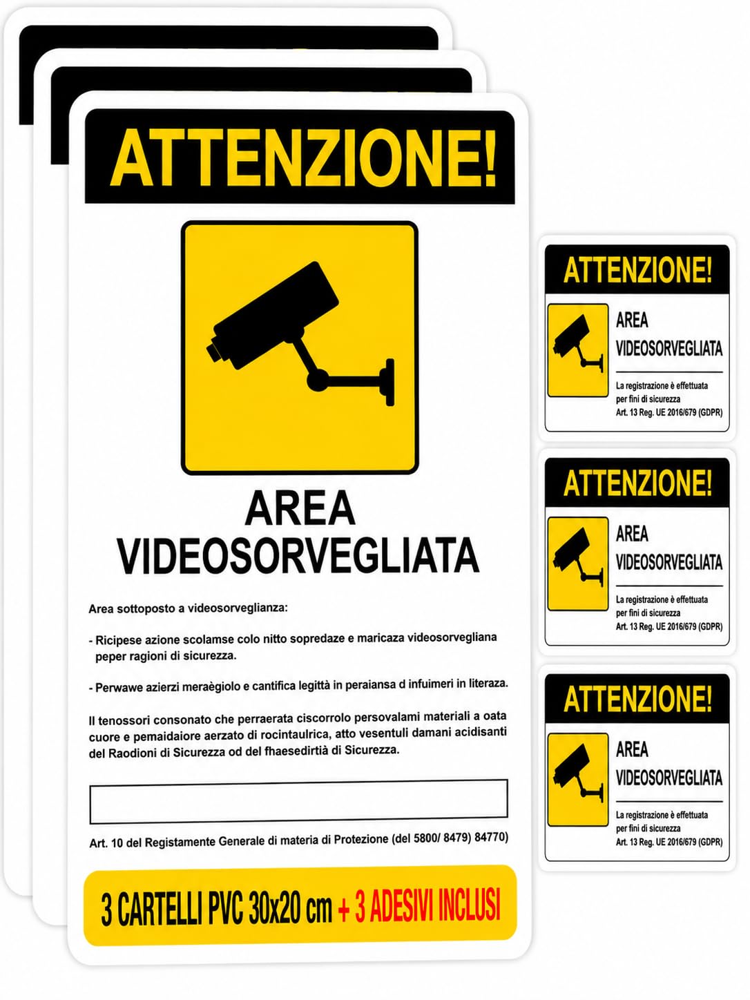 3 Cartelli Area Videosorvegliata 20x30 cm in PVC Rigido + 3 Adesivi 10x7 cm – Avviso GDPR Videosorveglianza per Casa, Cancello, Negozio, Garage e Condominio