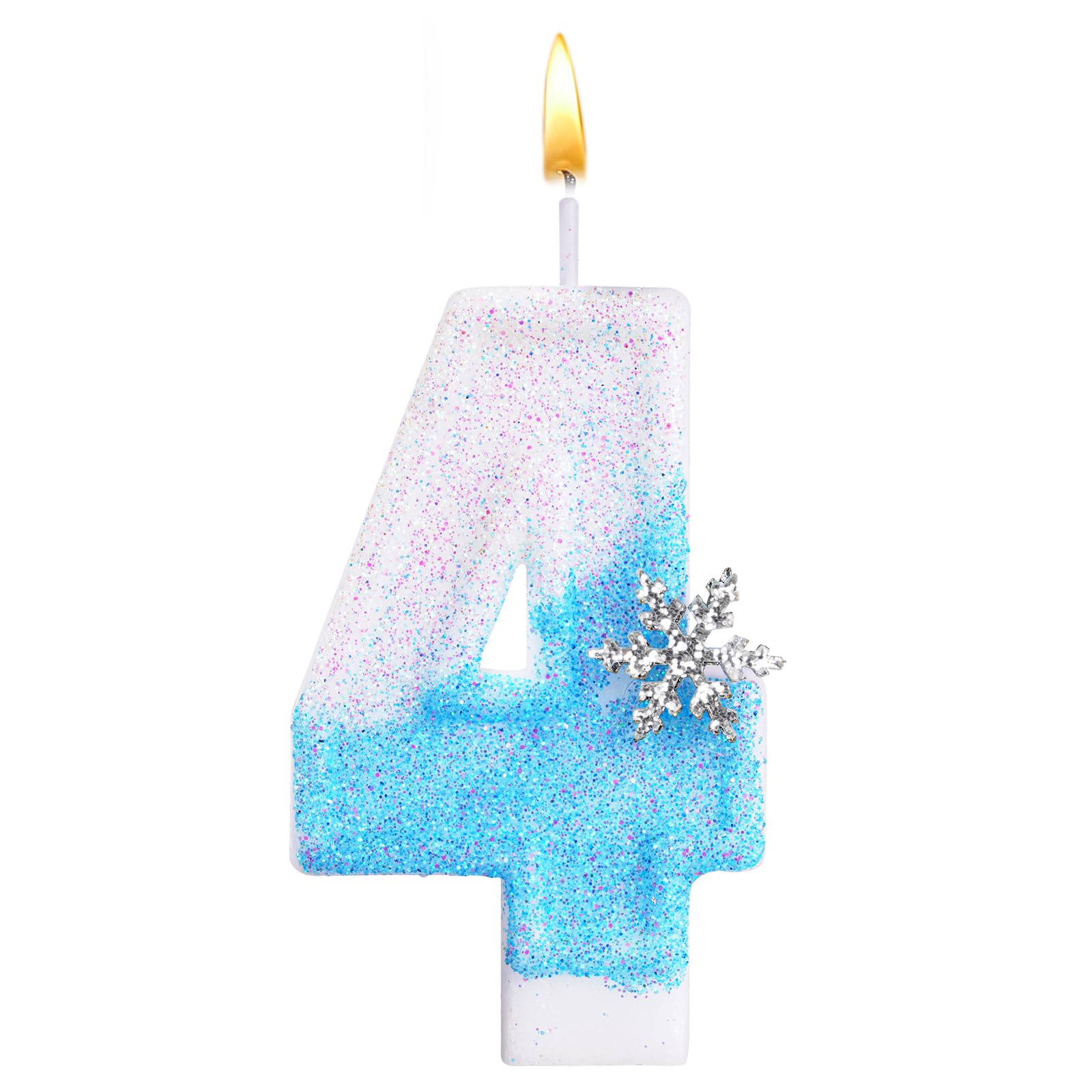 Alaoo Geburtstagskerzen Zahlen 4, glitzernde Zahlenkerze Geburtstag, 3D Blue White mit Schneeflocke Geburtstagskerzen, Kuchen Topper Dekoration Kuchendeko Geburtstag, Partyzubehör