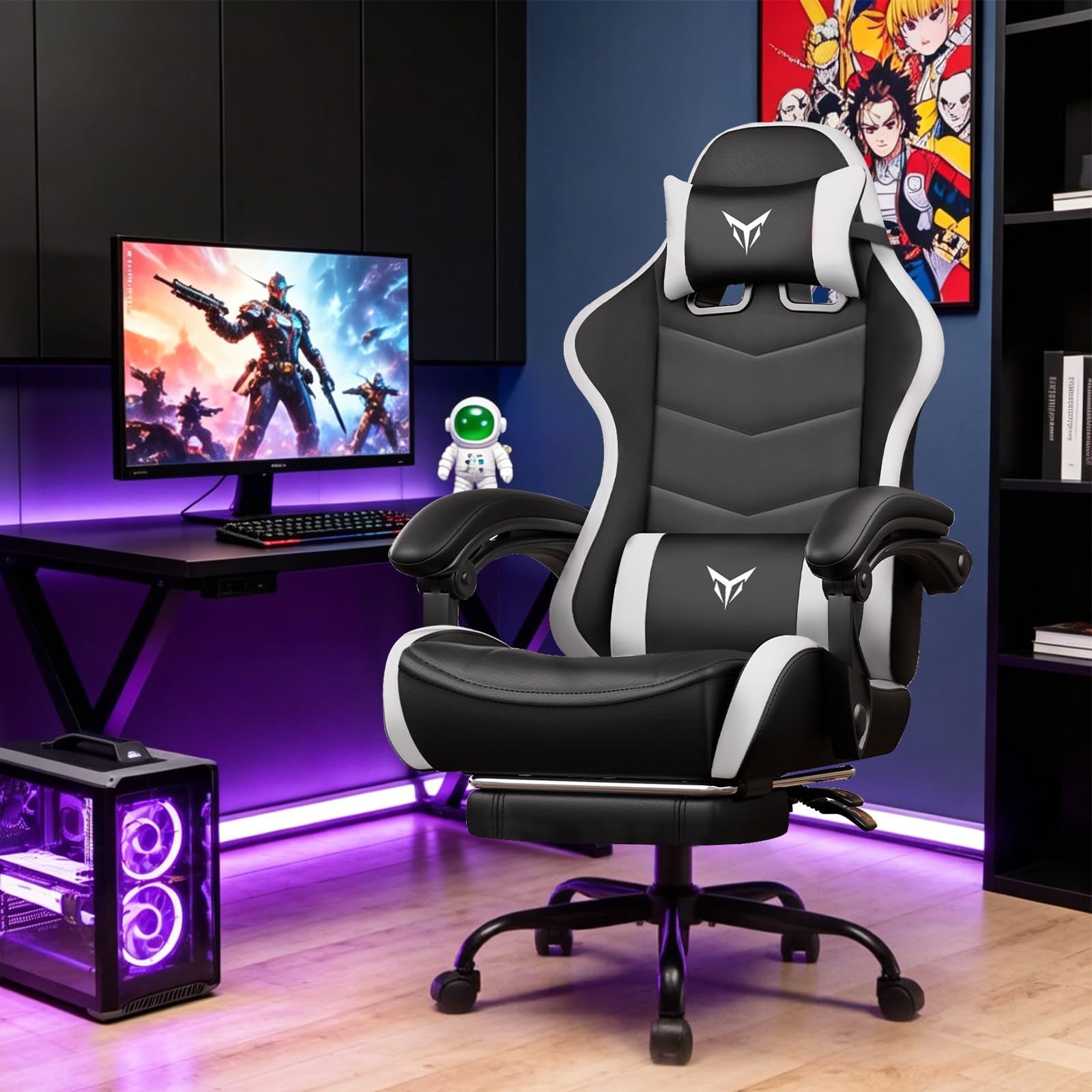 GTPLAYER Gaming Chair for Adults, Big and Tall 300LBS Heavy Duty Office Chair with Footrest, Ergonomic High Back Lumbar Support and Wide Comfy Cushion with Linkage Armrests for Home Office, White