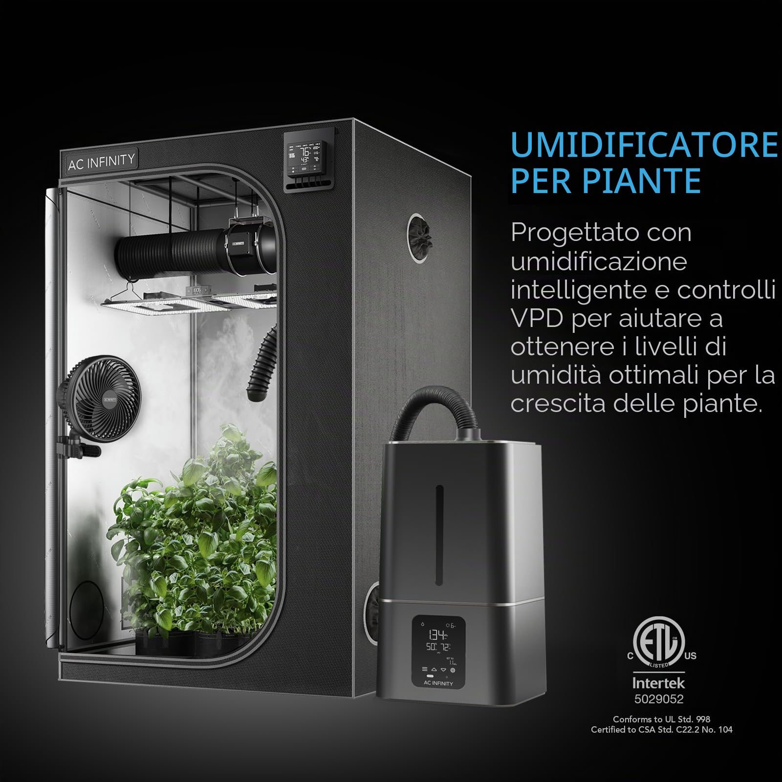 AC Infinity CLOUDFORGE T7, Umidificatore per piante da 15 litri con controller intelligente integrato, programmazione del bilanciamento dell'umidità, umidificatore per ambienti interni di grado