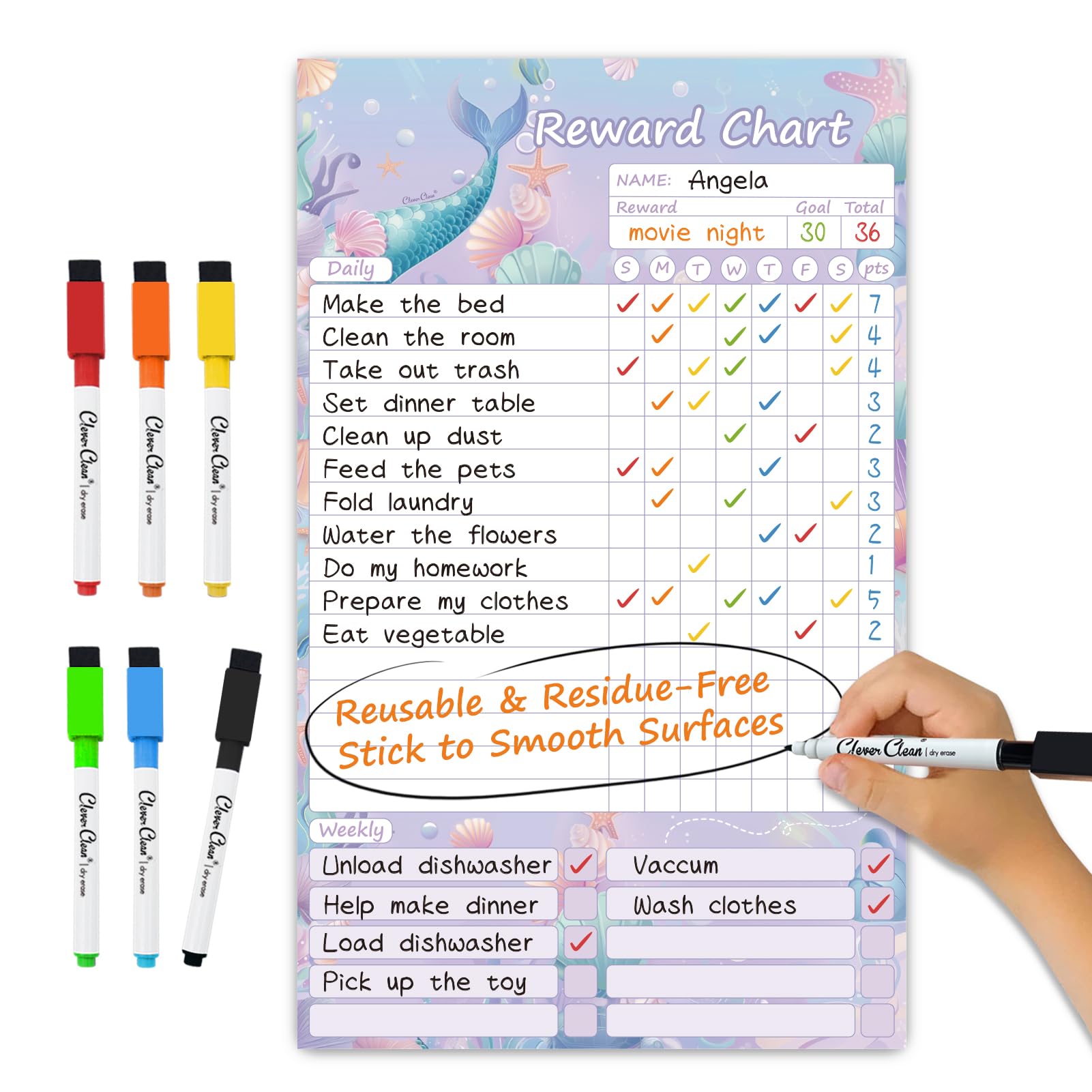 Clever CleanDry Erase Chores Chart for Kids, Reusable Reward Chart Chart, Non-Magnetic Kids Chore Board Clings to Any Smooth Surfaces, 6 Whiteboard Markers Included (Mermaid)