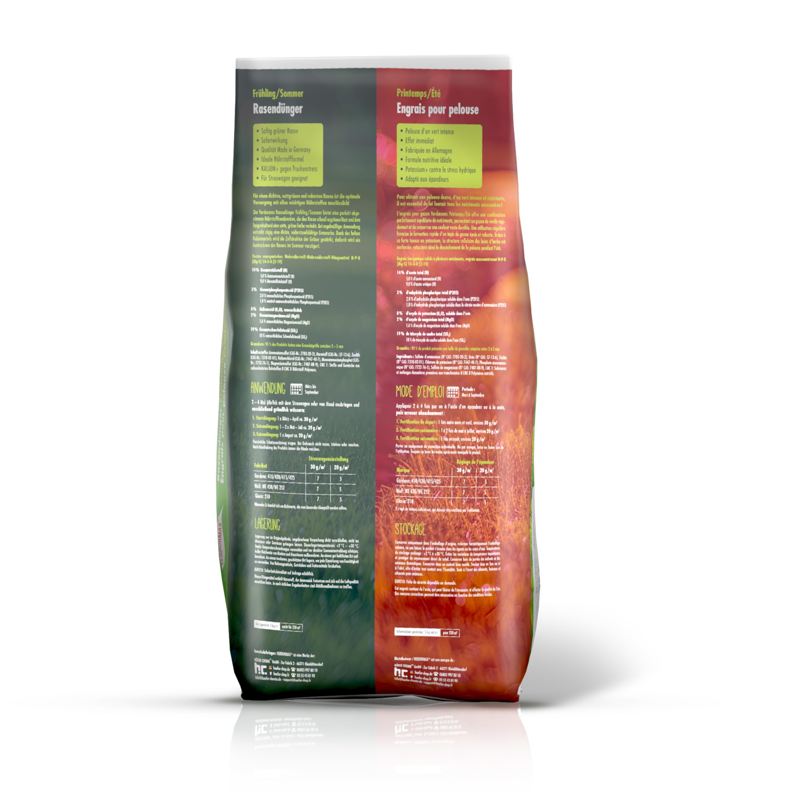 Verdurmax 5 kg d'engrais pour gazon Printemps & Été – Engrais à libération prolongée avec azote pour 250 m² de gazon vert luxuriant – Sans danger pour les chiens – Compatible avec épandeur