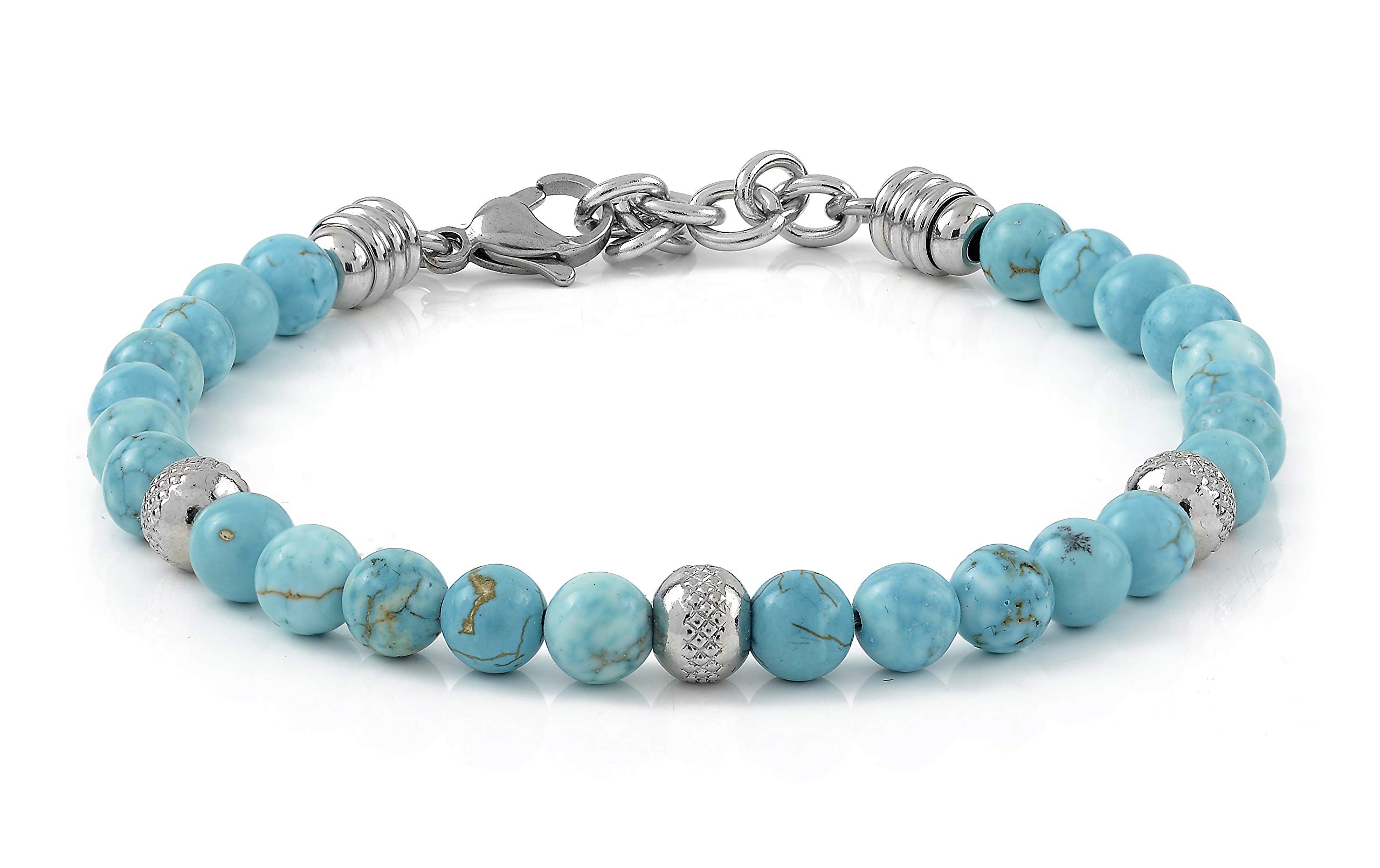10:10 Jewels Bransoletka męska i damska z naturalnymi turkusowymi kamieniami howlitowymi o długości 0,64 cm, dla mężczyzn i kobiet, bransoletka z diamentowymi koralikami ze stali nierdzewnej i bardzo
