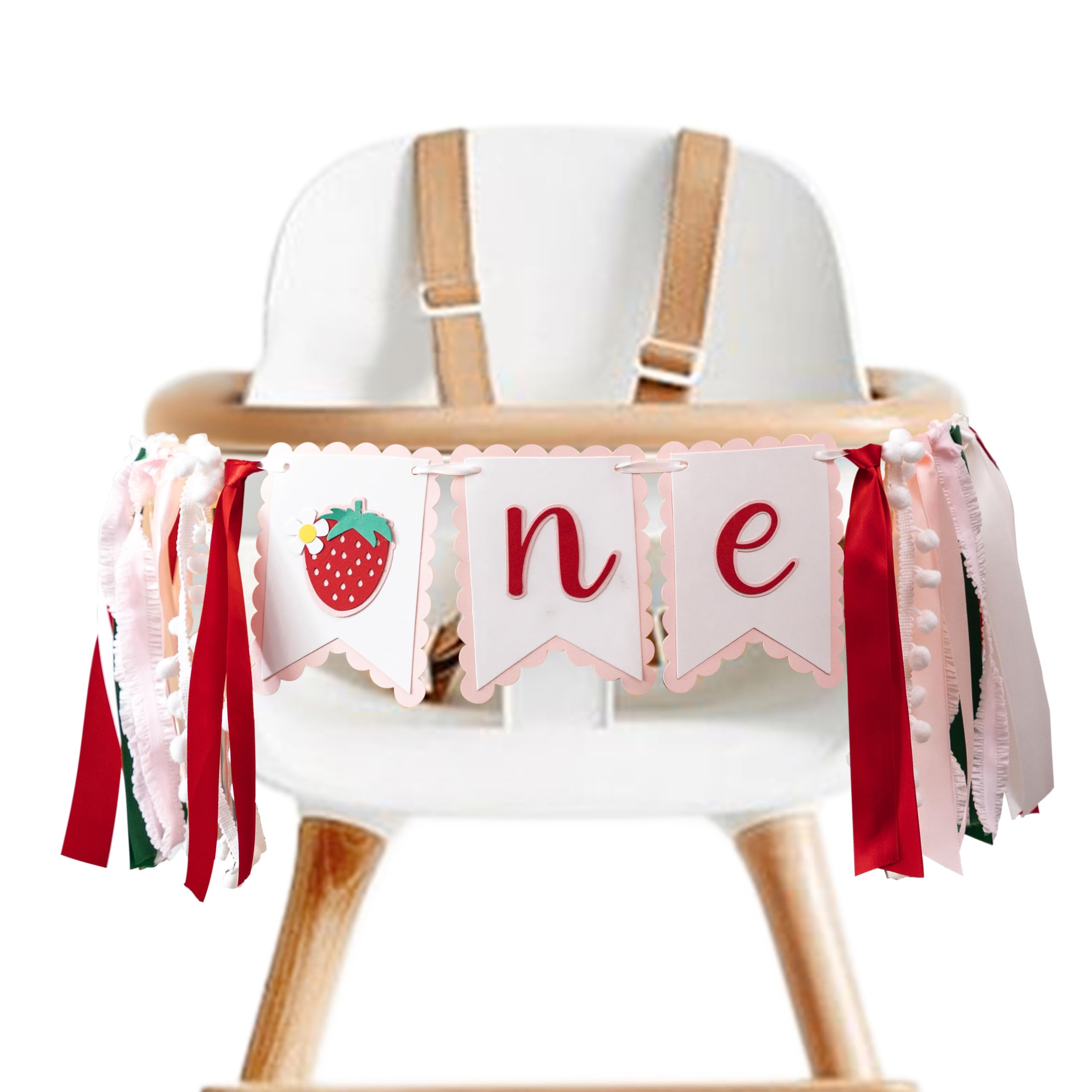 MUWEOL Strawberry High Chair Banner - Sweet One 1st/First Birthday Party Decorations For Girls,Berry Photo Backdrop Decor(Straw ribbon br red&green)