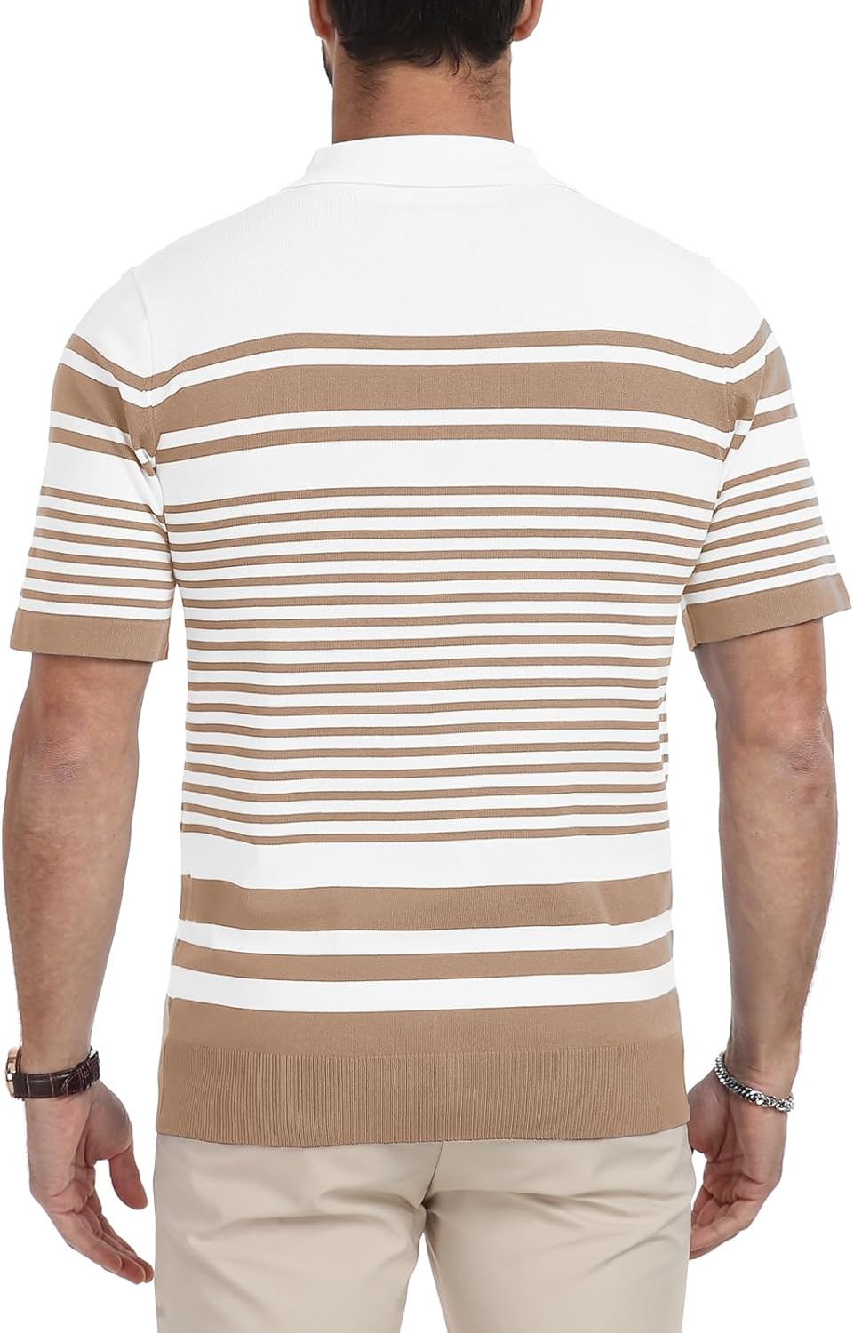 KUYIGO Men's Knit Collared Polo Shirts Short Sleeve Zipper Striped Tops Classic Fit Casual Soft T-Shirt - Image 4