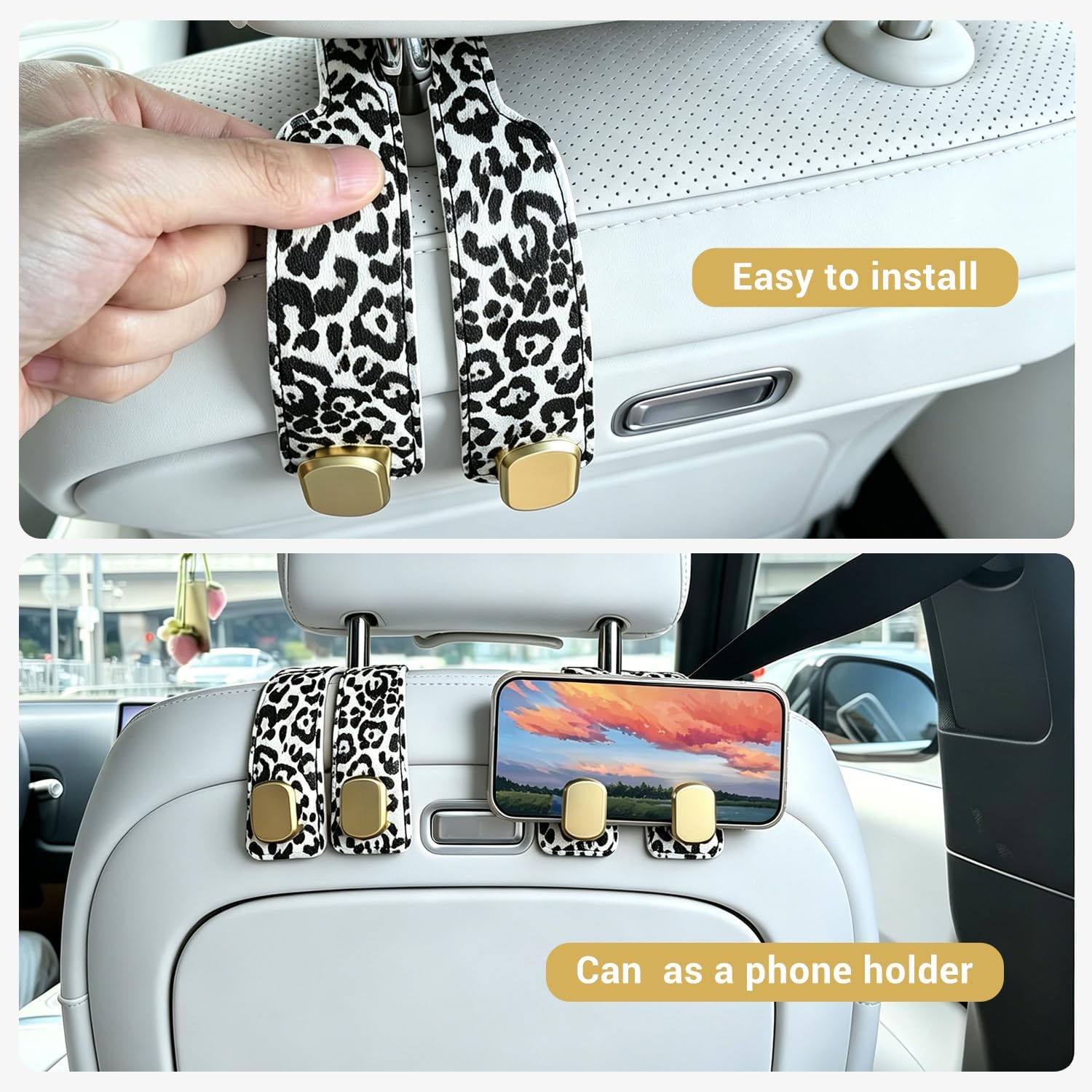 2 Pack Purse Hook for Car Headrest, Car Seat Back Storage Hook for Purses and Bags, Car Back Seat Headrest Purse Holder, Hanger Storage Organizer (Black Leopard) thumbnail