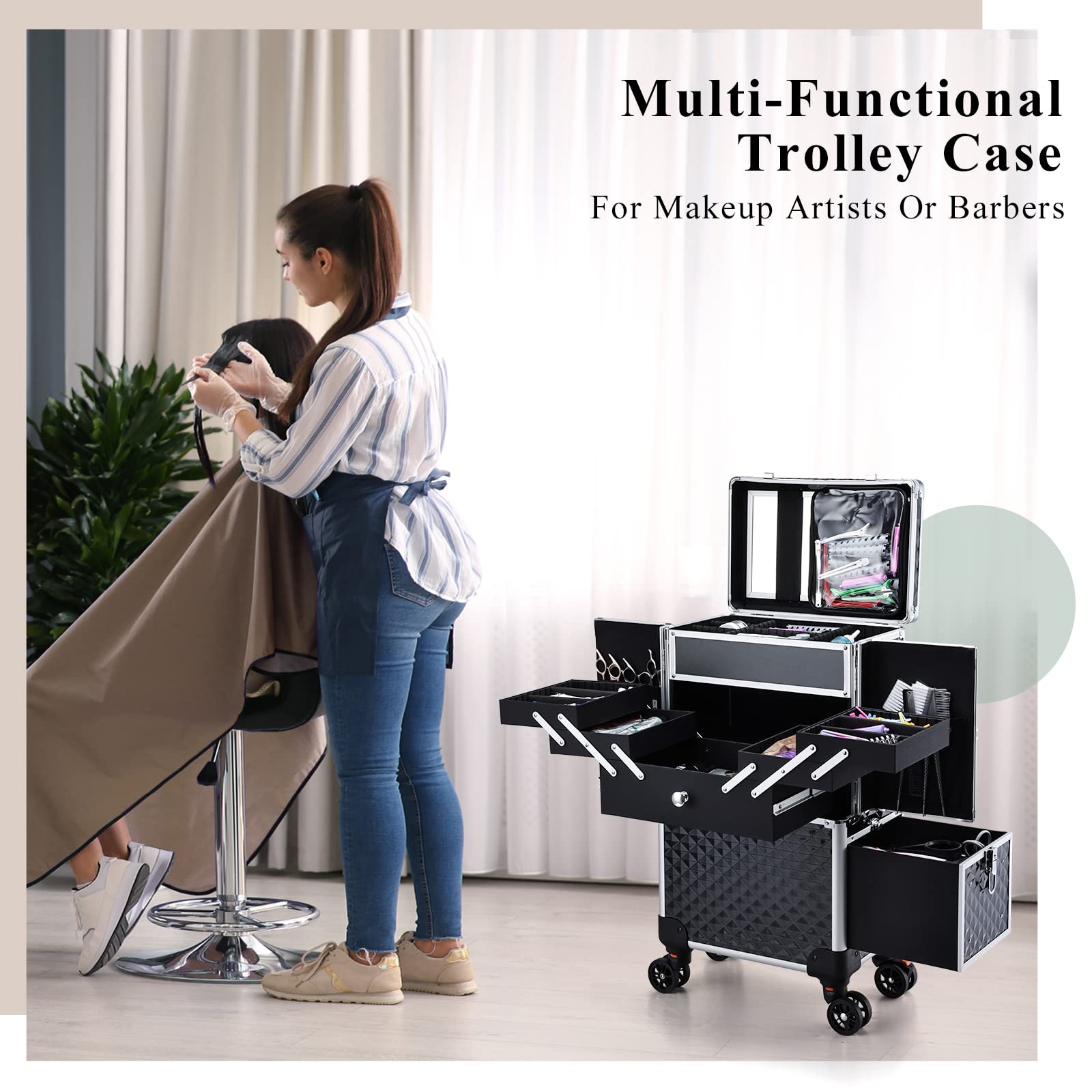 Kosmetik Trolley Friseurkoffer mit Schublade und Spiegel Kosmetikkoffer mit 4 Tabletts Make up Koffer Groß Schminkkoffer Nagelkkoffer Abschließbare Beauty Case Friseur Box,Schwarz