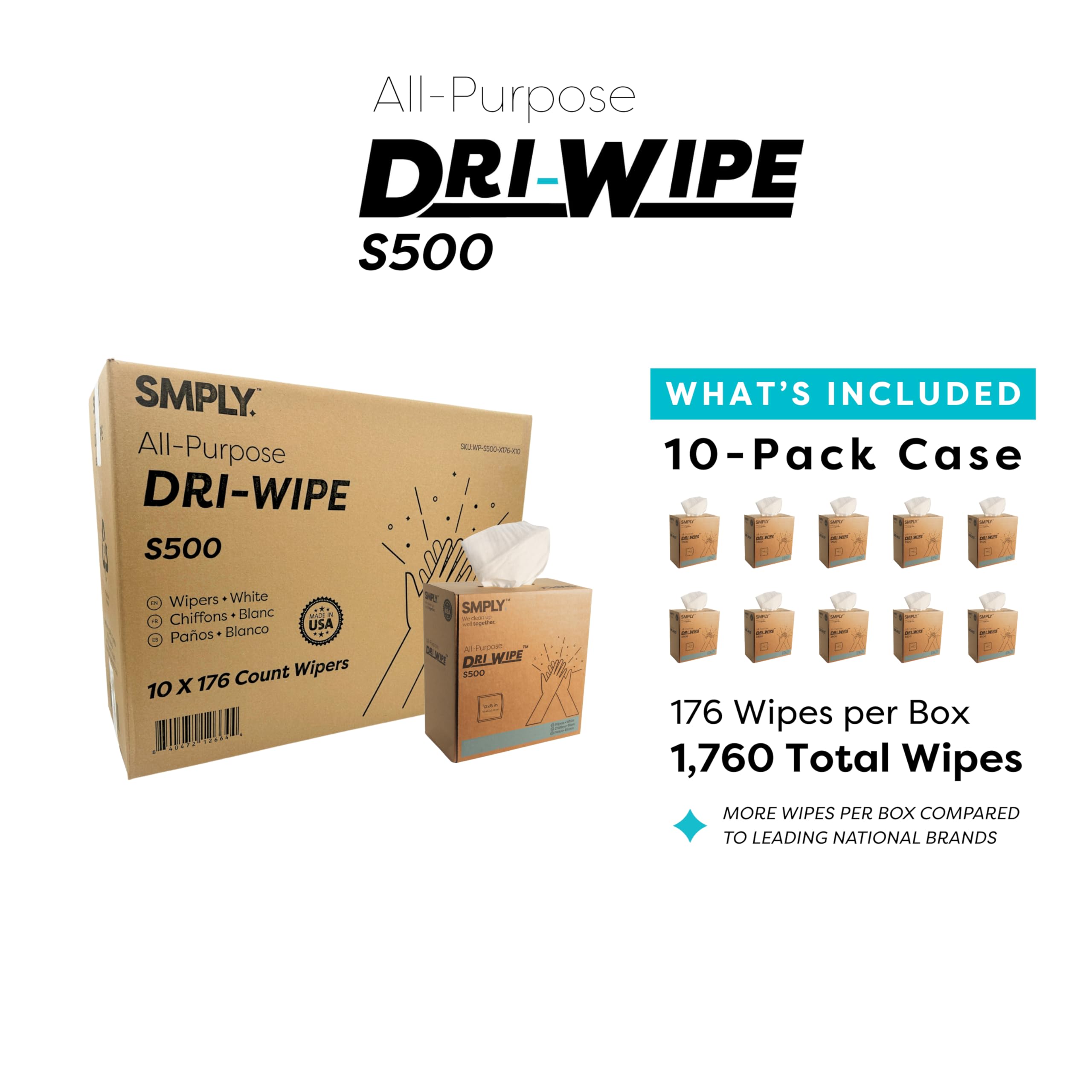 SMPLY. S500 Dri-Wipe | 176 toallitas por caja, paquete de 10 cajas | Limpiaparabrisas duraderos y reutilizables para hospitales, escuelas, servicio de alimentos, automóviles y más.