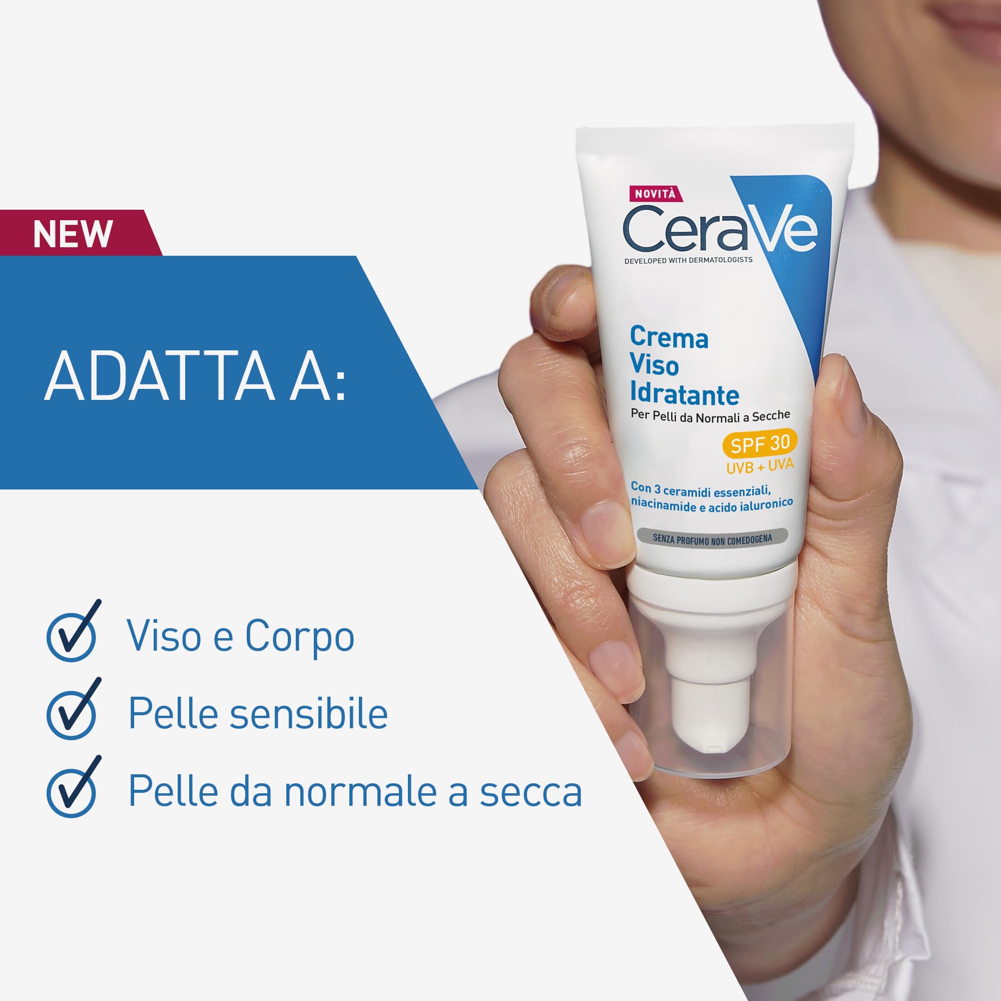 CeraVe Crema Idratante Viso SPF 30, Per Pelli da Normali a Secche, Idratazione Profonda, Ad Assorbimento Rapido, Con Protezione Solare SPF 30 e Acido Ialuronico, 52 ml