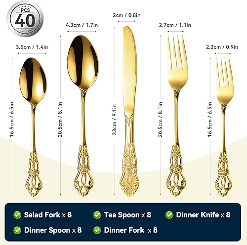 Miniatura 2 de Poylim - Juego de cubiertos de acero inoxidable, 8 unidades, color dorado