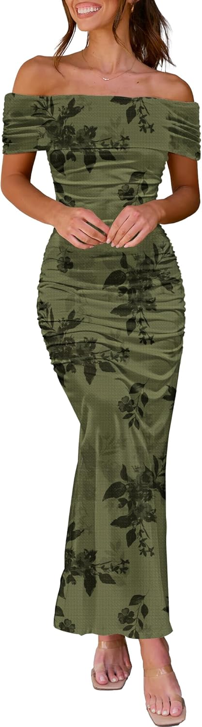 LUXVEER Wedding Guest Dresses for Women 2026 Floral Formal Cocktail Maxi Styles Off The Shoulder Stretch Sexy Bodycon Dress - Image 2