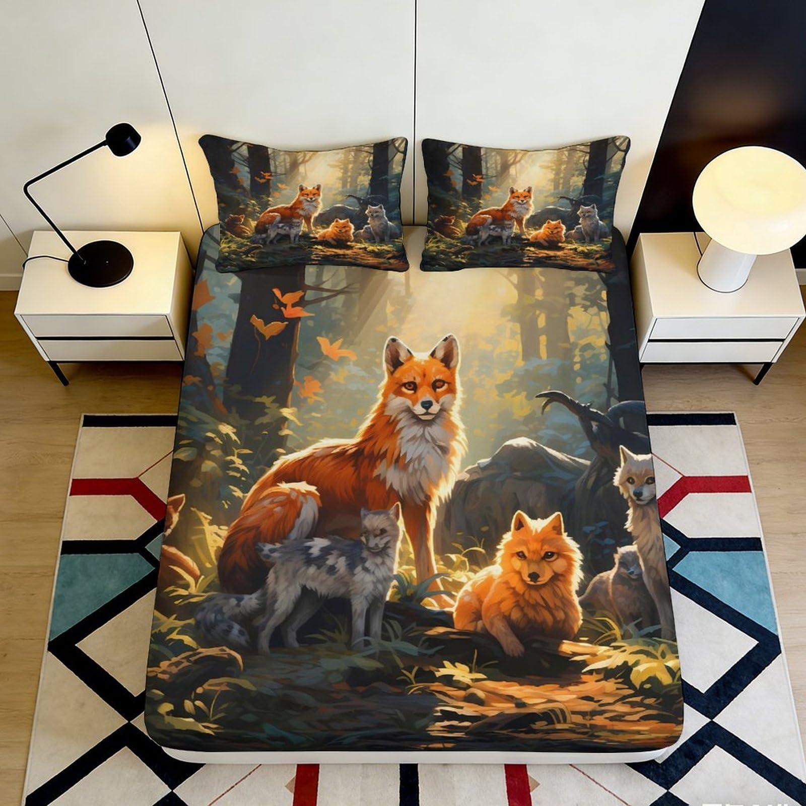 3D Printed Forest Fox Fitted Sheet Microfiber Soft Mattress Cover for Bedroom Guest Room Decorative Bed Sheet 90x200x25cm