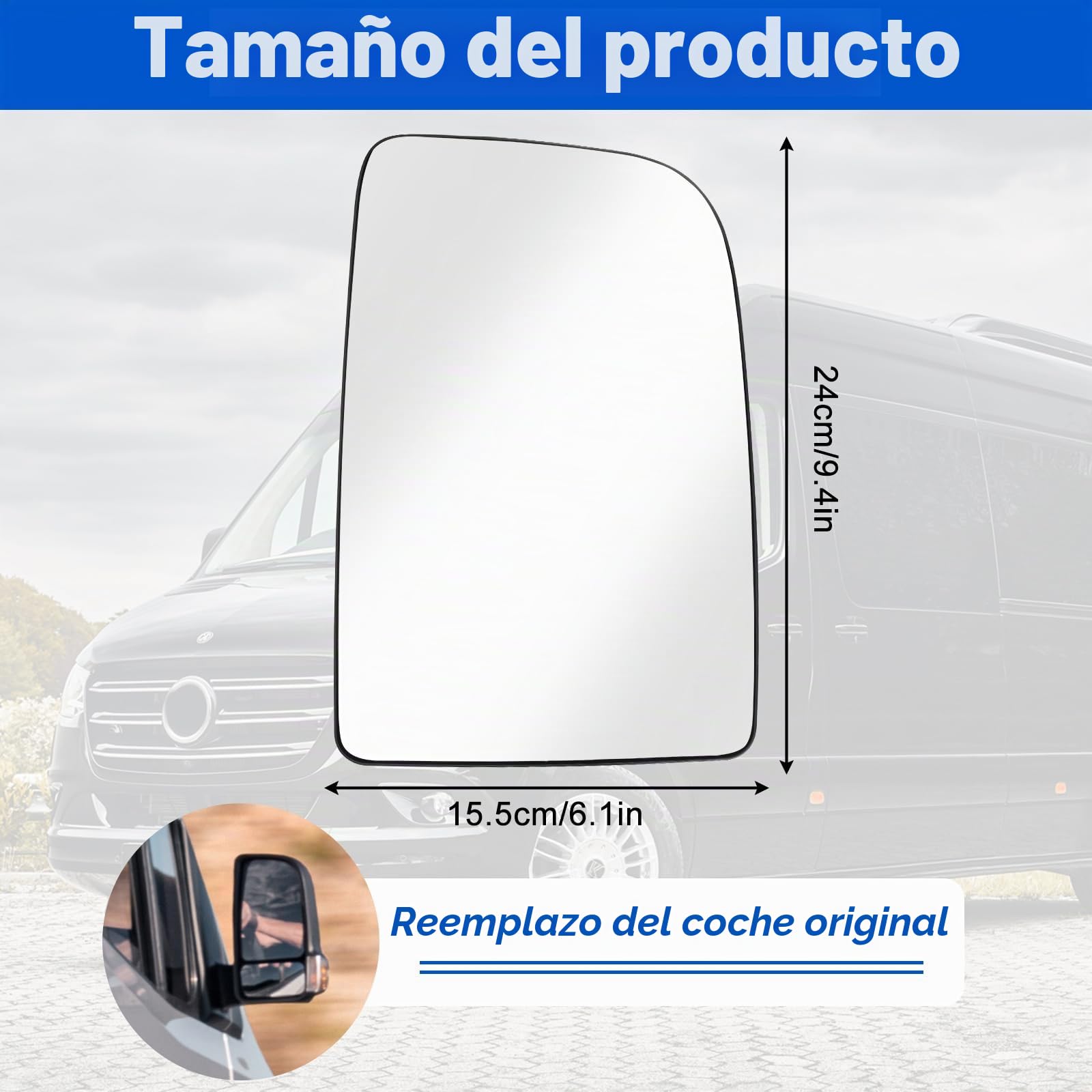 Cristal de Espejo reemplazar para Mercedes Sprinter 2006-2018, Retrovisor Exterior Ajustable Adecuado, Lente de Marcha Atrás (Derecha)