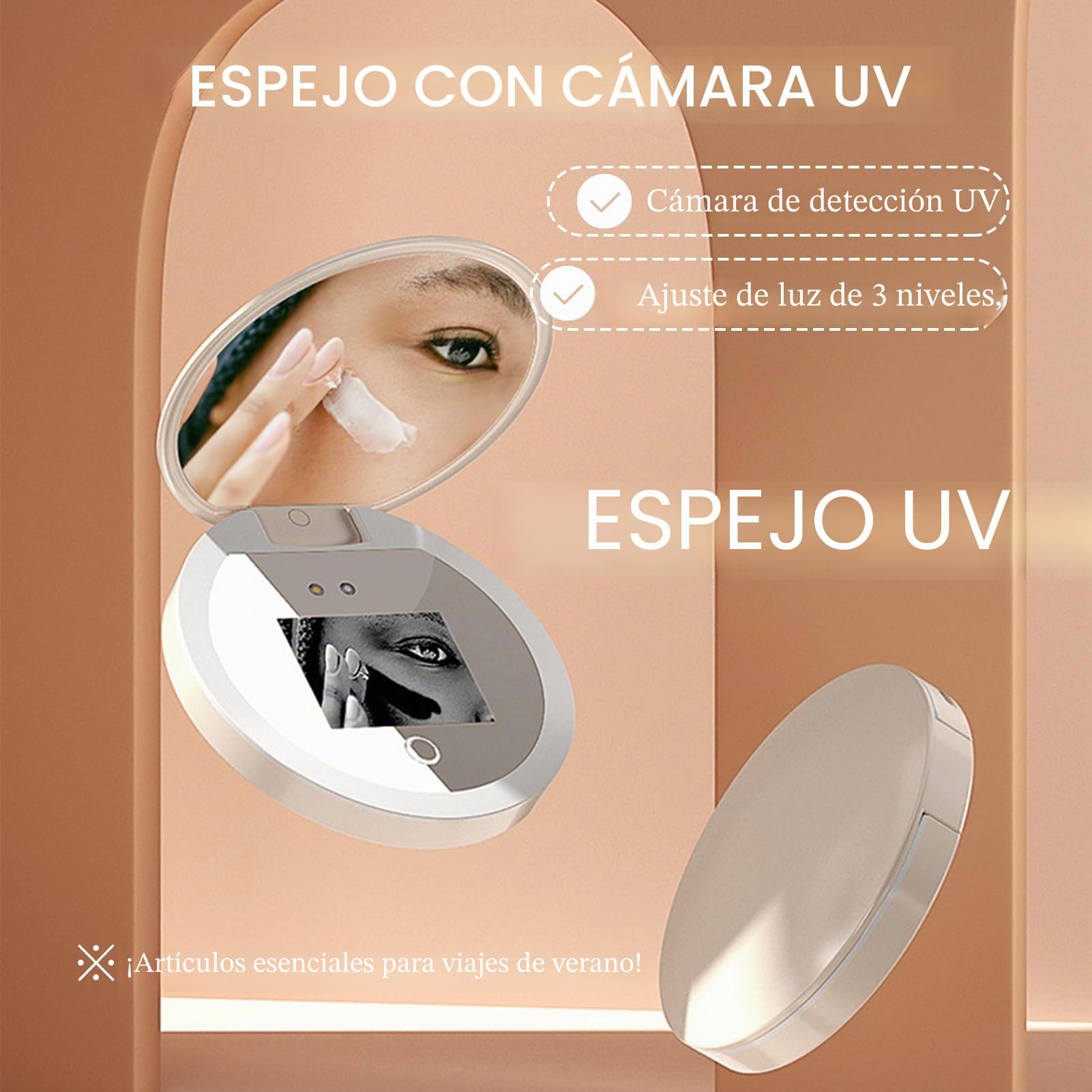 Espejo Compacto con Cámara UV, Espejo de Maquillaje de Viaje con Aumento 2X de 3,5 Pulgadas con Luz para Comprobar el Protector Solar Facial, Espejo de Bolsillo con Luz LED de