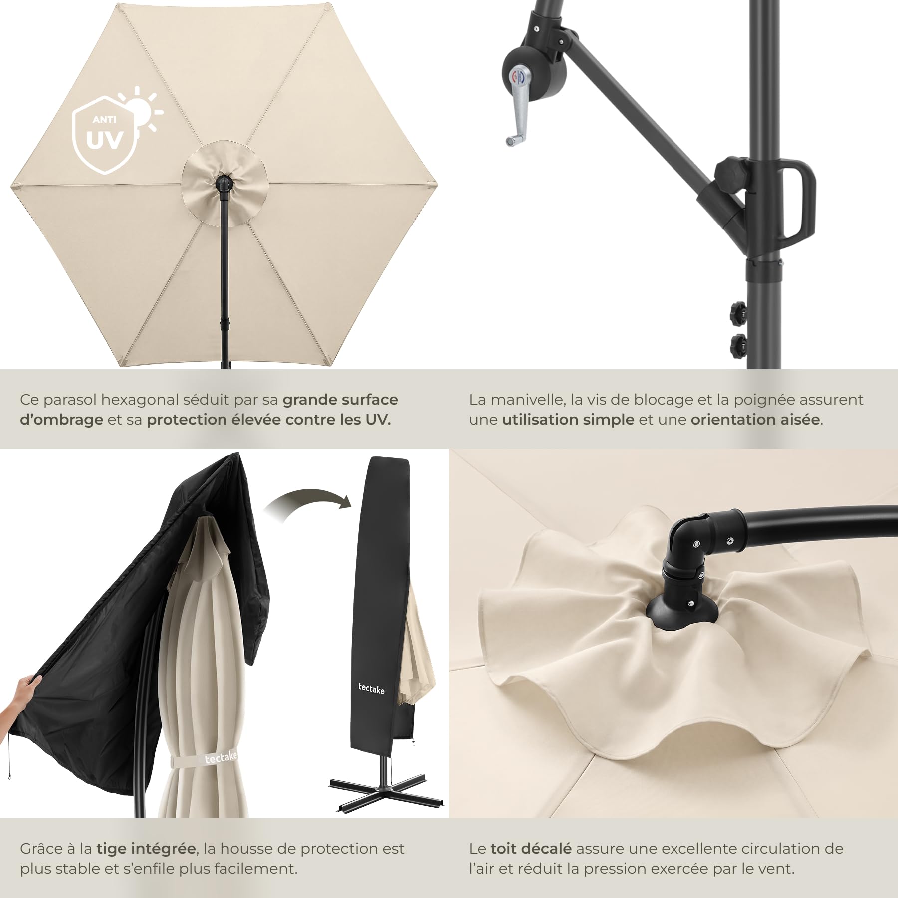 Tectake Parasol déporté 3x3 m Pivotant 360° Inclinable 90°-135° Protection UV 50+ Double-toit Jardin Terrasse