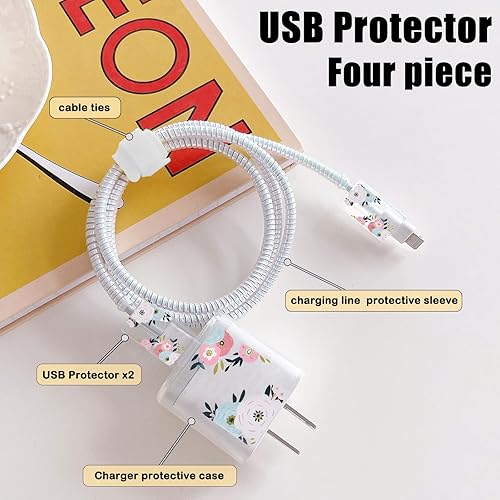 Miniatura 2 de Lindos protectores de cable para cargador de iPhone elegante patrón de flores blancas cargador de cable de datos línea de datos protector de