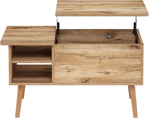 Miniatura 6 de Furinno Jensen Mesa de centro de madera para sala de estar, con compartimento oculto y estante de almacenamiento lateral abierto, roble Flagstaff