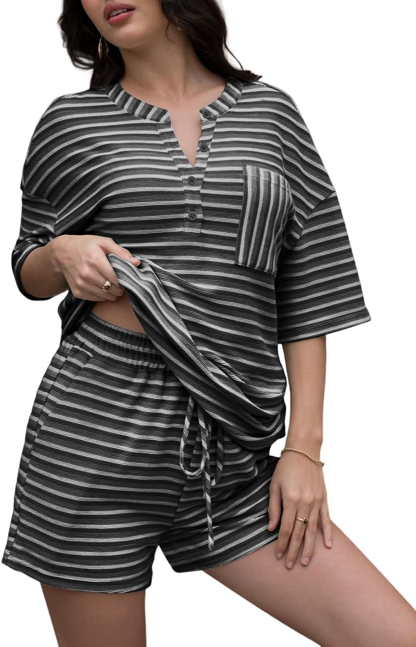 Ecosunny Womens 2 Piece Lounge Set Stripe Knit Button Down Short Sleeve T Shirts Shorts Matching Set Ribbed Summer Outfits