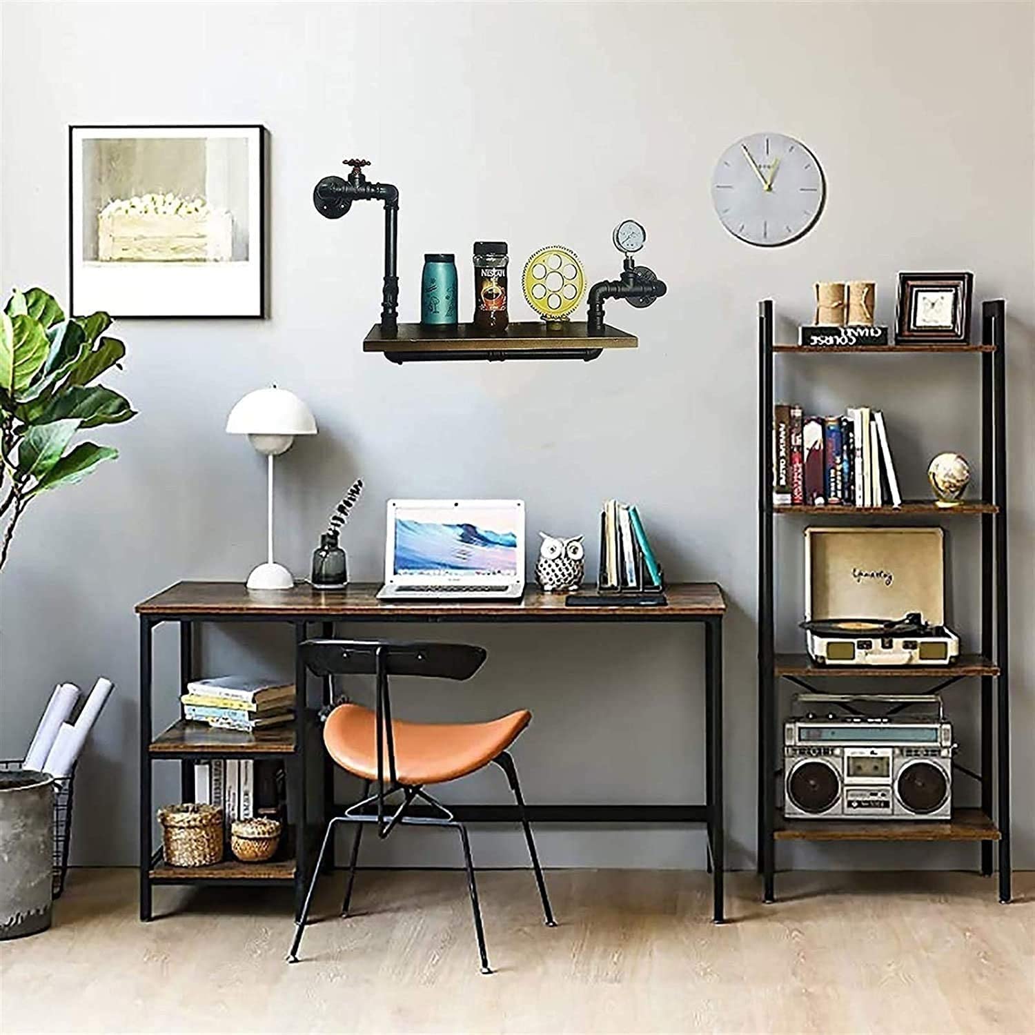 Wandregal Industrial Schwarz Metall Regal,Regal Holz Mit Zähler und Wasserhahn,Vintage Dekorative Regale für Wohnzimmer, Küche, Schlafzimmer, Badezimmer - 70x 40x20cm