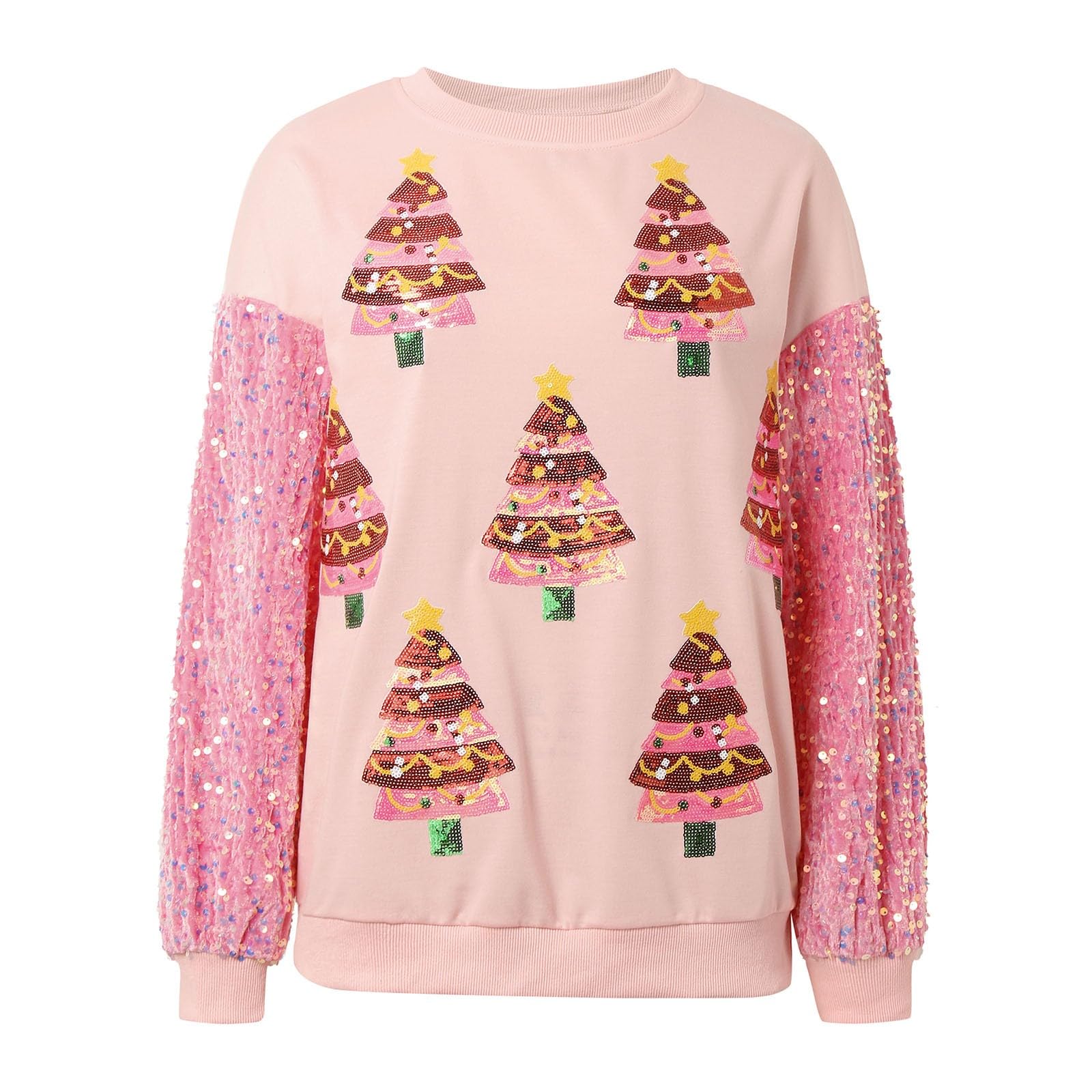 Sudadera Mujer Sin Capucha，Suéter de Manga Larga con Estampado navideño y Lentejuelas para Mujer