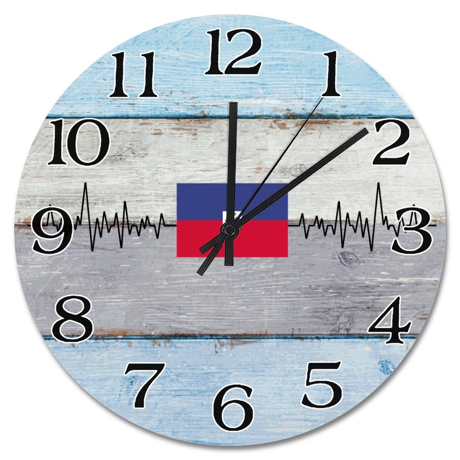 Horloge murale drapeau Haïti bois - Fin au bruit avec style vintage 38cm