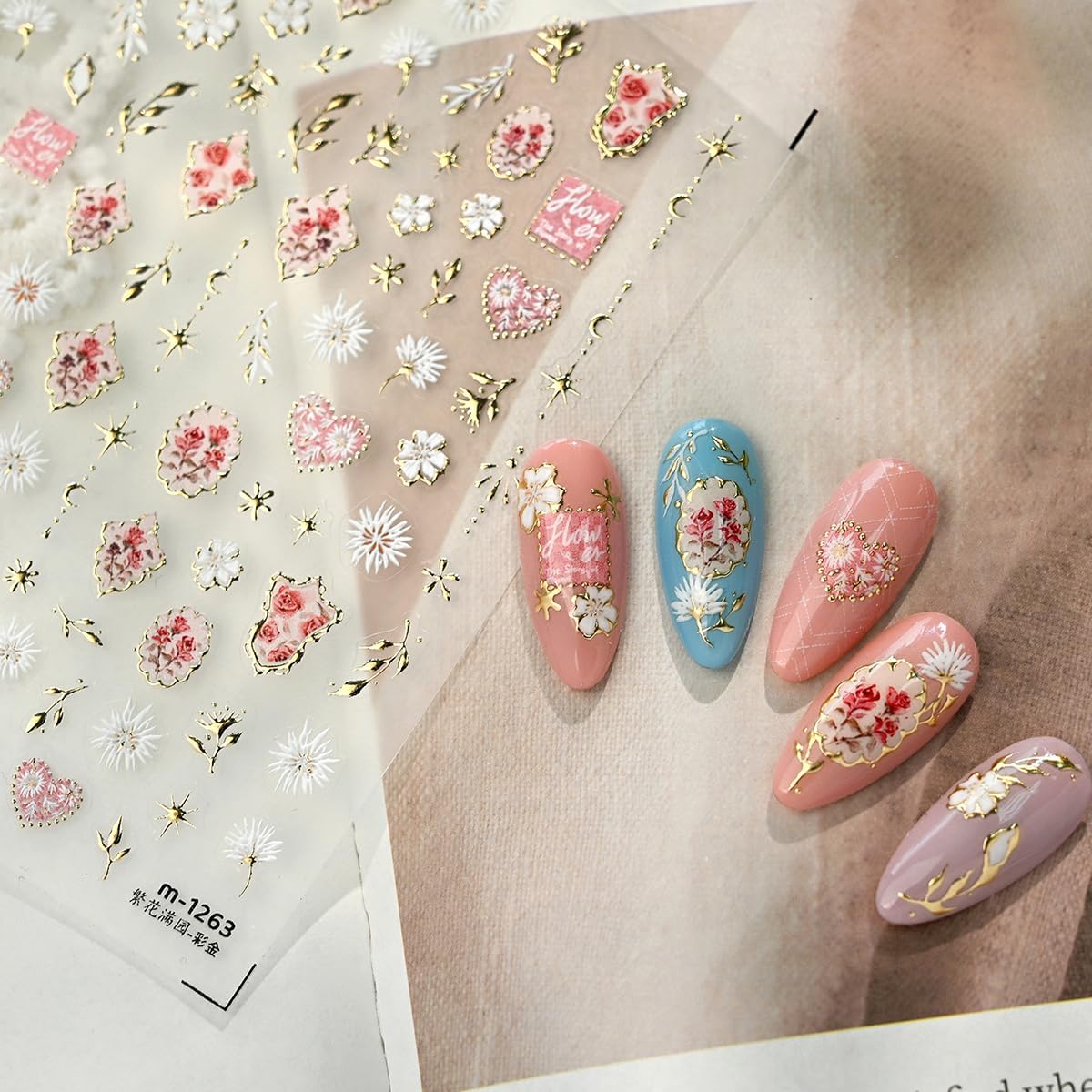 5D Embossed Flower Nail Stickers for Nail Art,yefiuo Floral Nail Art Stickers Spring Nail Decals Self-Adhesive Rose Gilded Moon Heart Nails Sticker Supplies Charms Gifts for Women Girls image 4