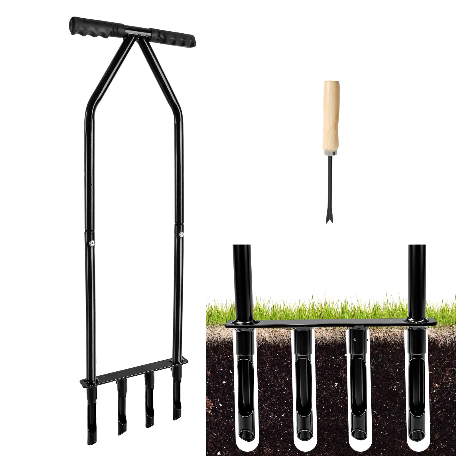 CDIYTOOL Aireador de césped, aireador de césped de jardinería para cuidado del césped y suelo compactado, 4 puntas, resistente, mango largo, tapón manual de suelo de jardín con herramienta de limpieza