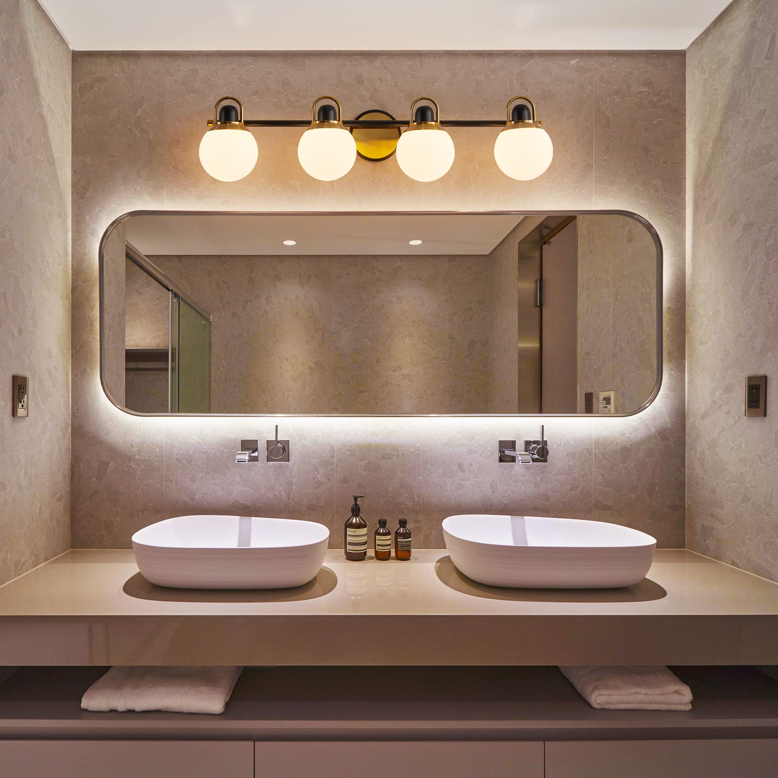 LOXYEE Farmhouse Bathroom Light fixtures?4 Lights Globes Bathroom Vanity Lights with White Glass Shade, Retro Vanity Lighting Fixtures ?Bathroom, Bedroom. Living Room, Corridor(Not Including Bulb)…