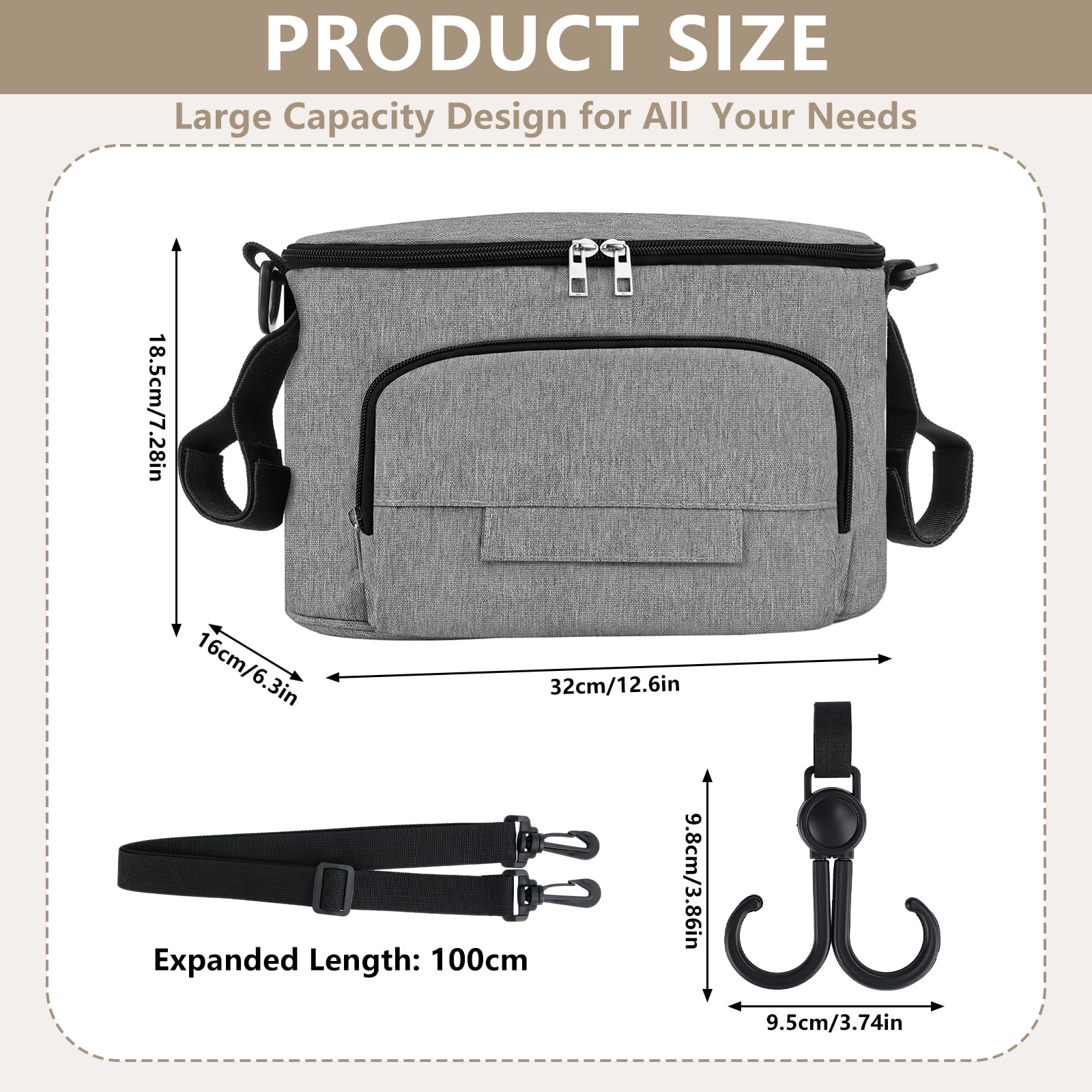 Organisateur de Poussette Universel Oxford 600D Imperméable, Sac de Rangement Poussette Grande Capacité 32x16x18,5 cm, Sac à Langer Bébé avec 2 Porte-Gobelets Isothermes, Bandoulière & Crochet (Gris)