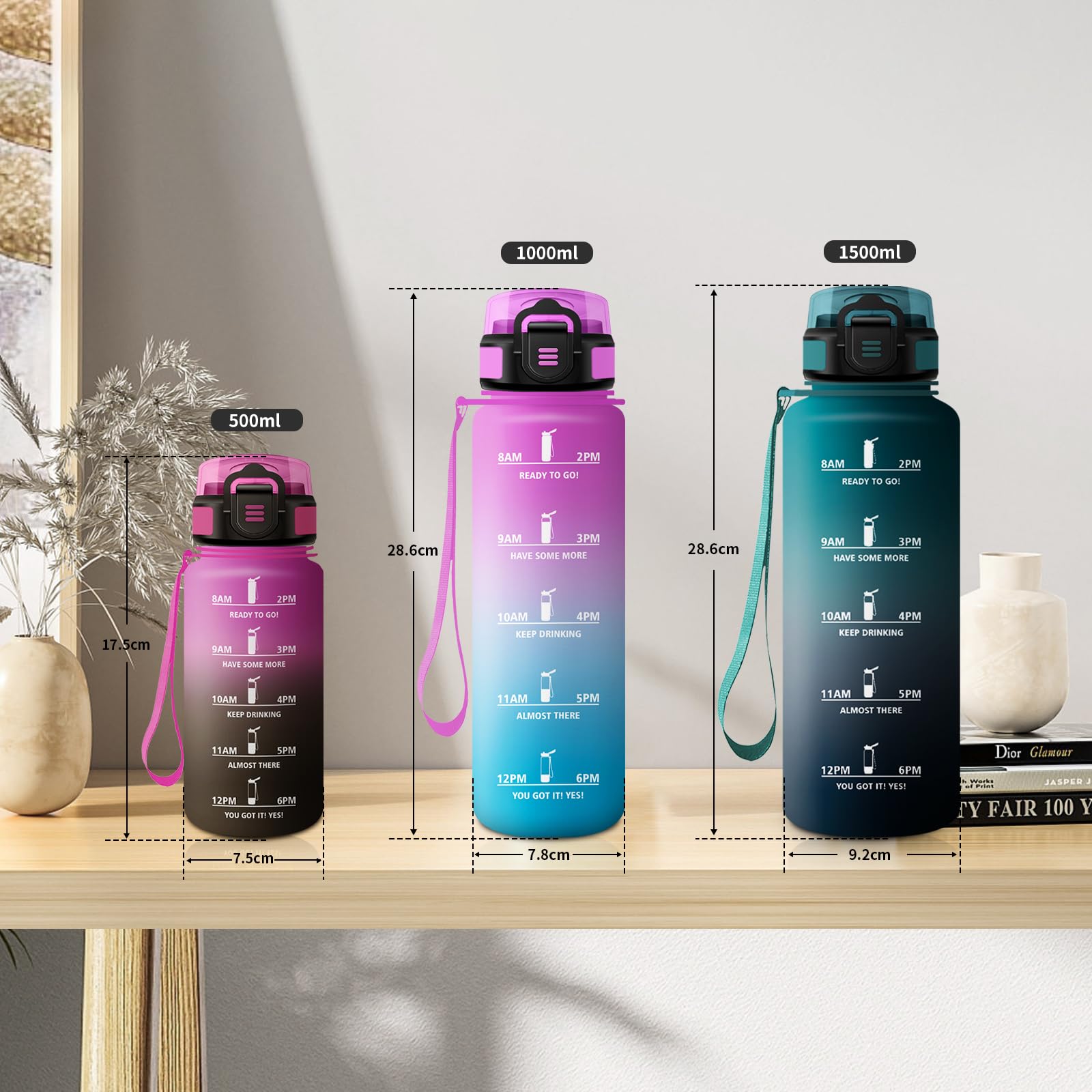 Borraccia 1L, Bottiglia Sportiva con Cannuccia, a Prova di Perdite, Bottiglia Acqua Sportiva con Indicatore del Tempo, Motivazionale Borraccia per Yoga, Escursionismo, Campeggio, Ciclismo, Lavoro