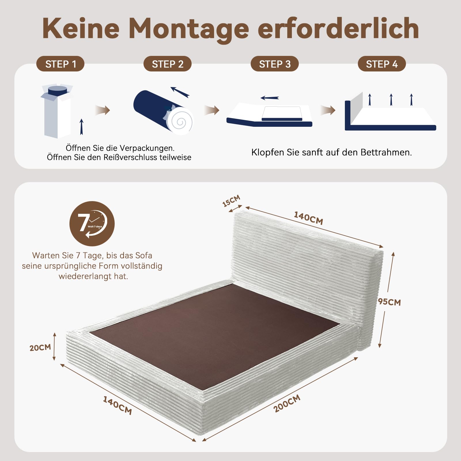 Vamcheer Schaumstoff-Bettgestell 140x200 cm (Ohne Matratze), Polsterbett mit 15cm extra Dicker Kopfteil, Geräuschloses Soft-Bett ohne Werkzeug Montage, Anti-Kollision Design, Beige