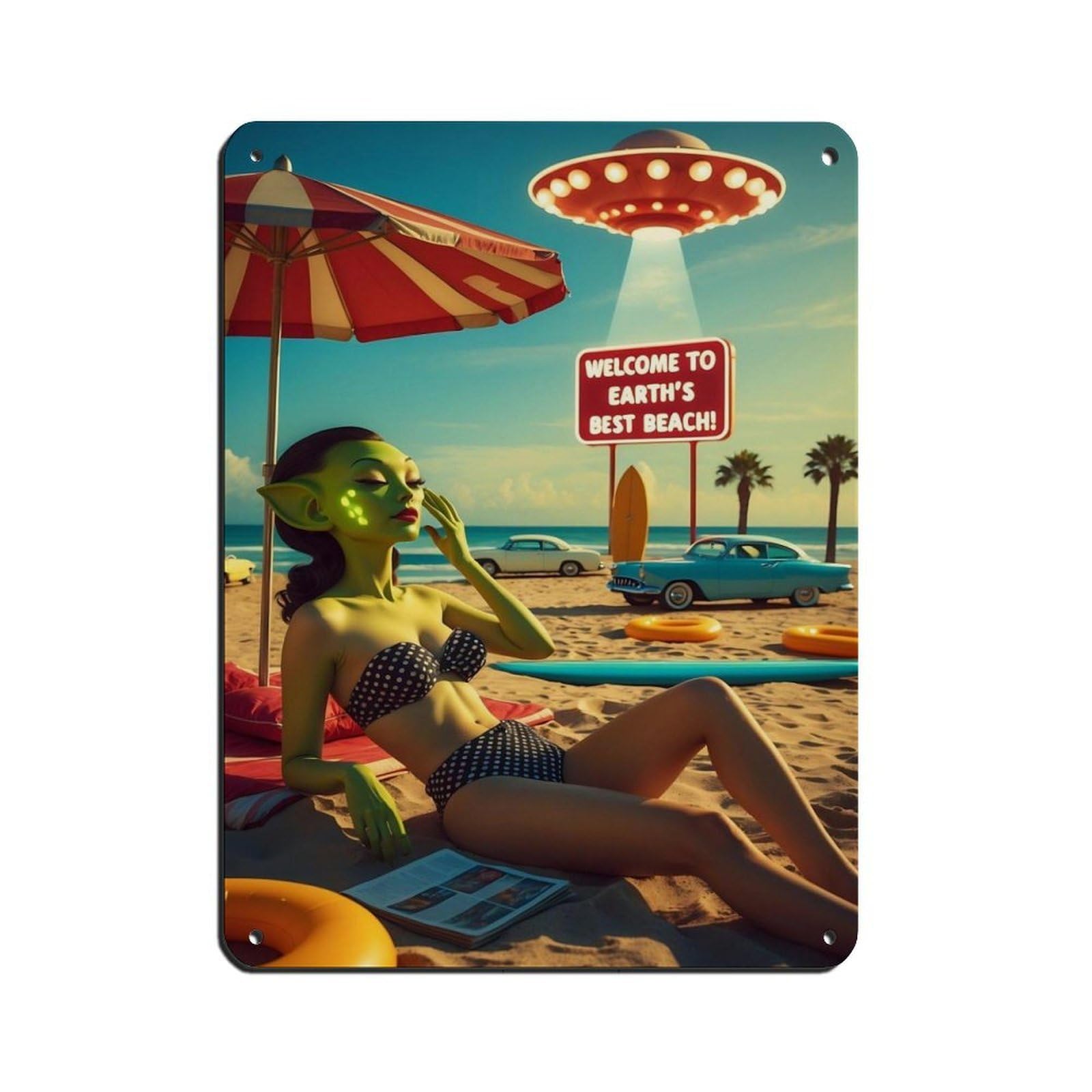 Vintage Alien Beach Scene Retro Poster Metal Tin Sign Chic Art Retro Iron Painting Bar People Cave Cafe Family Garage Poster Wall Decoration 12x16inch(30x40cm)