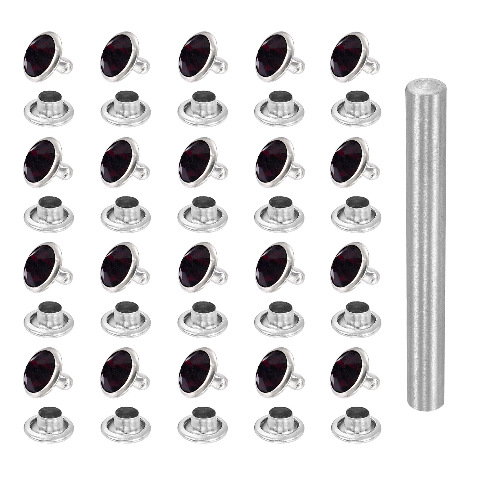 sourcing map 100pcs Crystal Rivets 9mm Rhinestone Rapid Stud Rivets with Steel Installation Tool for Clothing Leather Fabric Arts Crafts Decoration Leathercraft DIY, Silver Purple