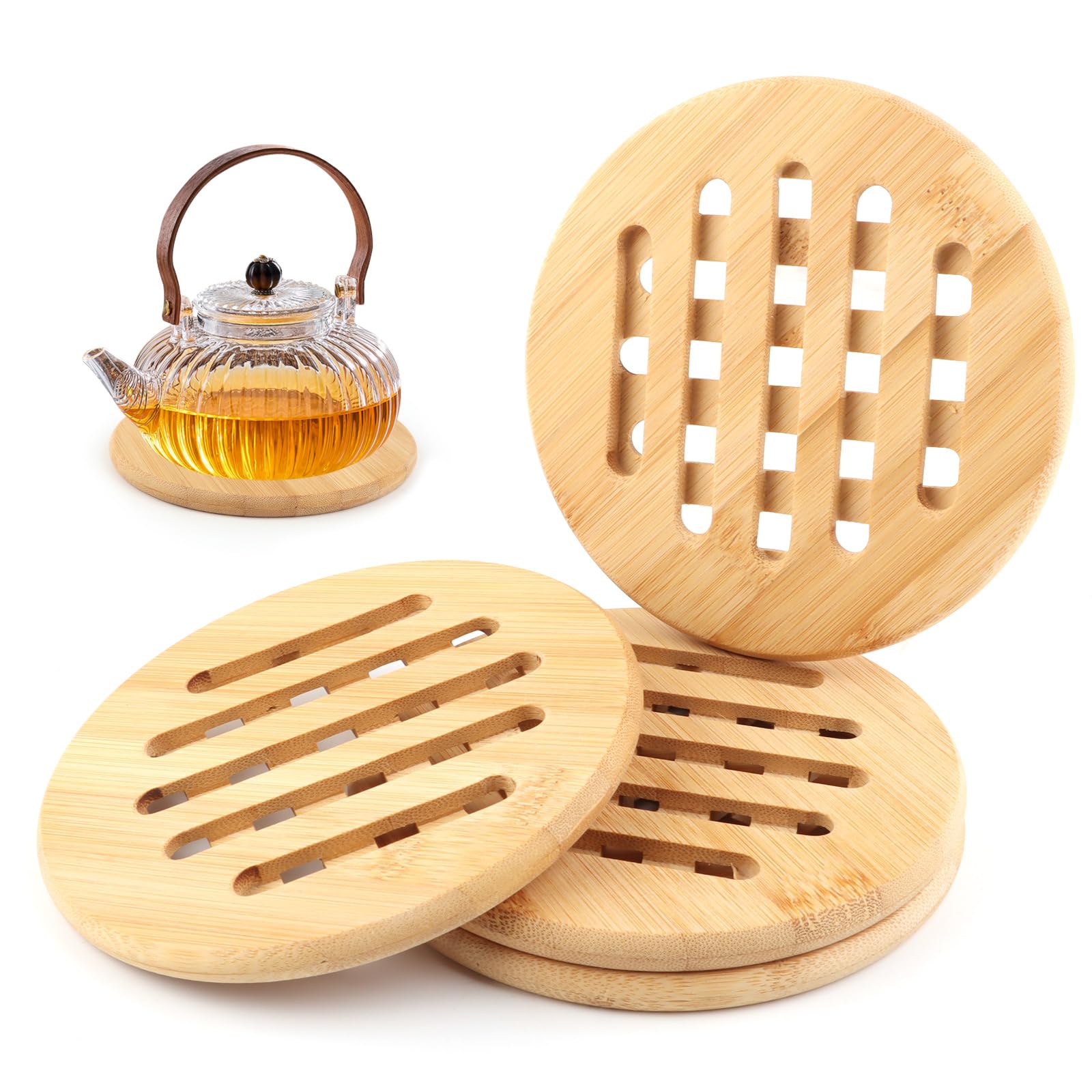 VFANDV Set of 4 Trivet Set, Bamboo Non-Slip Washable Coaster, Heat Resistant Pot Coaster, Pan Protector for Kitchen Bowl Pots, Pans and Plates (15 x 15 cm, Round)