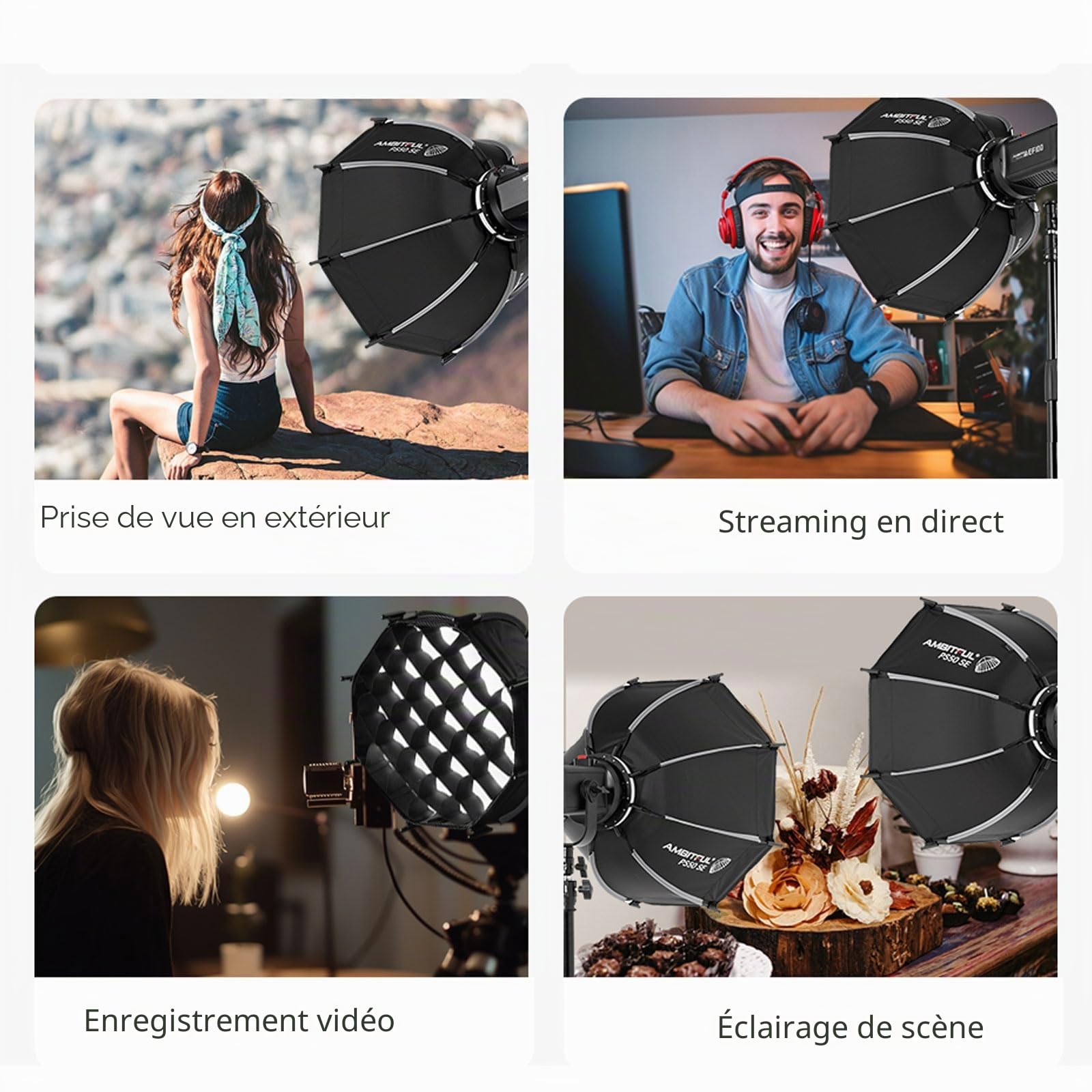 AMBITFUL Mini boîte à lumière à libération Rapide avec Support Bowens, Pliable, configurée avec diffuseurs, Grille nid d'abeille, Sac de Rangement