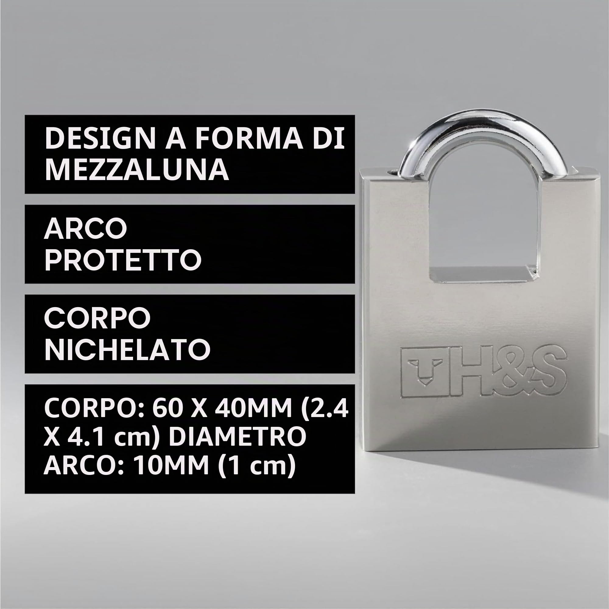 H&S Lucchetto Antiscasso Corazzato - Lucchetto Moto e Bici Alta Sicurezza - Catenaccio Grande per Catena da 60 mm con 5 Chiavi - Chiusura Porta e Cancello Esterno