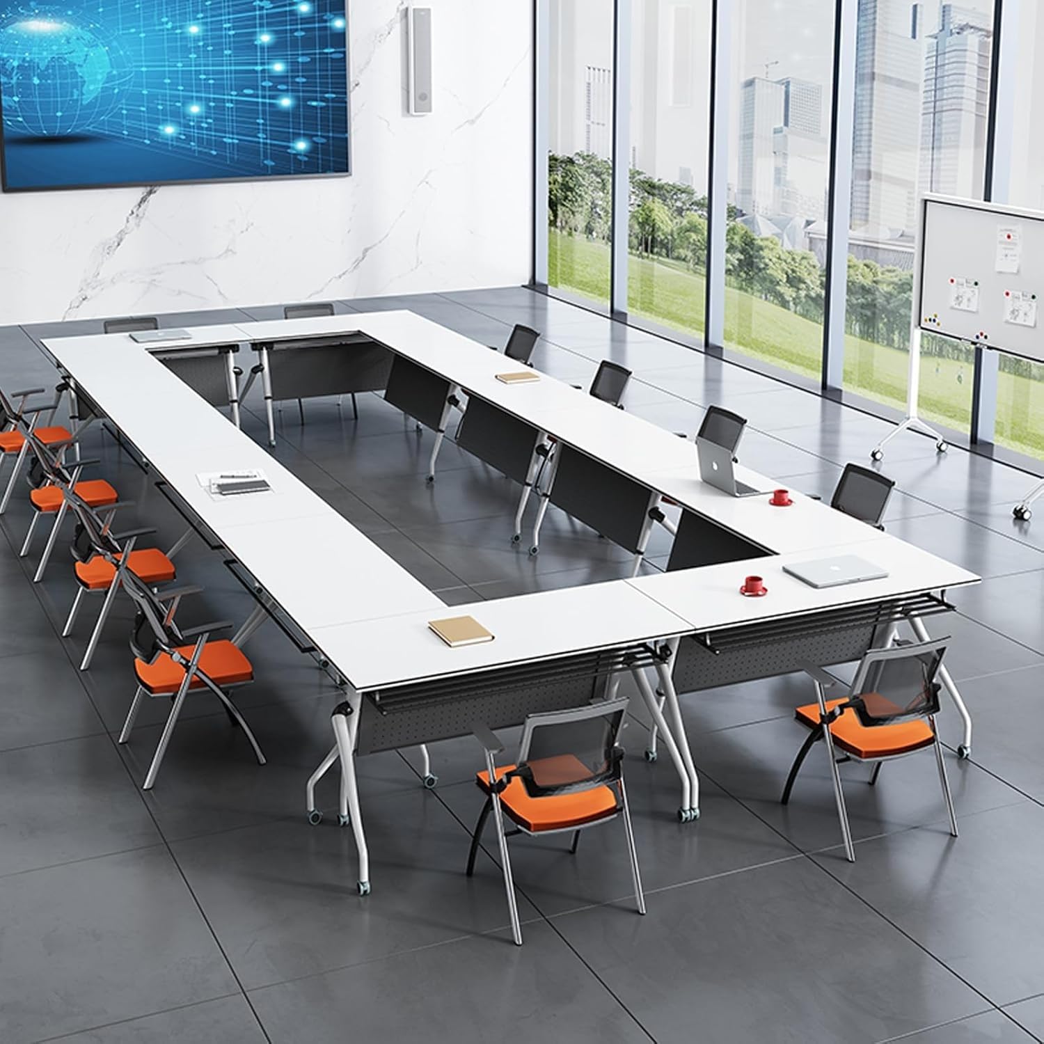Klappbarer Konferenzzimmertisch mit Klappdeckel, modern, groß, mobiler Konferenztisch für Büro, Studium, Arbeiten, leise Räder und Eisenblech, 1,8 m