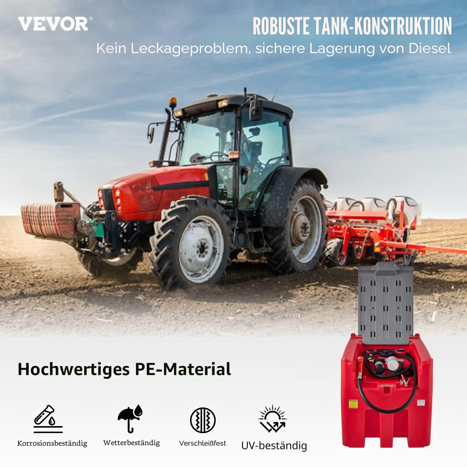 VEVOR Tragbarer Dieseltank 116 Gallonen/440L Mobile Tankanlage, Rot Mobile Dieseltankstelle, 140 W Tankstation Dieseltank, 12 V Automatik Pumpe, 4 m Schlauch Benzintank zum Betanken