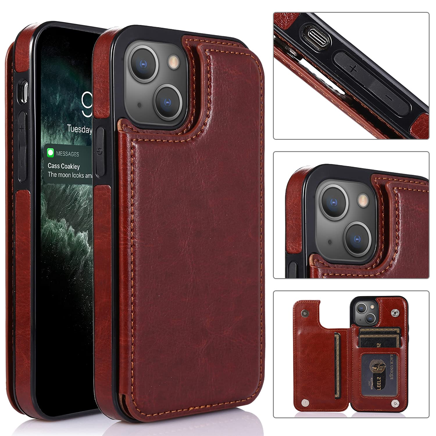 UEEBAI Case for iPhone 13 6.1 inch, Luxury PU Leather Case with [Two Magnetic Clasp] [Card Slots] Stand Function Durable Shockproof Soft TPU Case Back