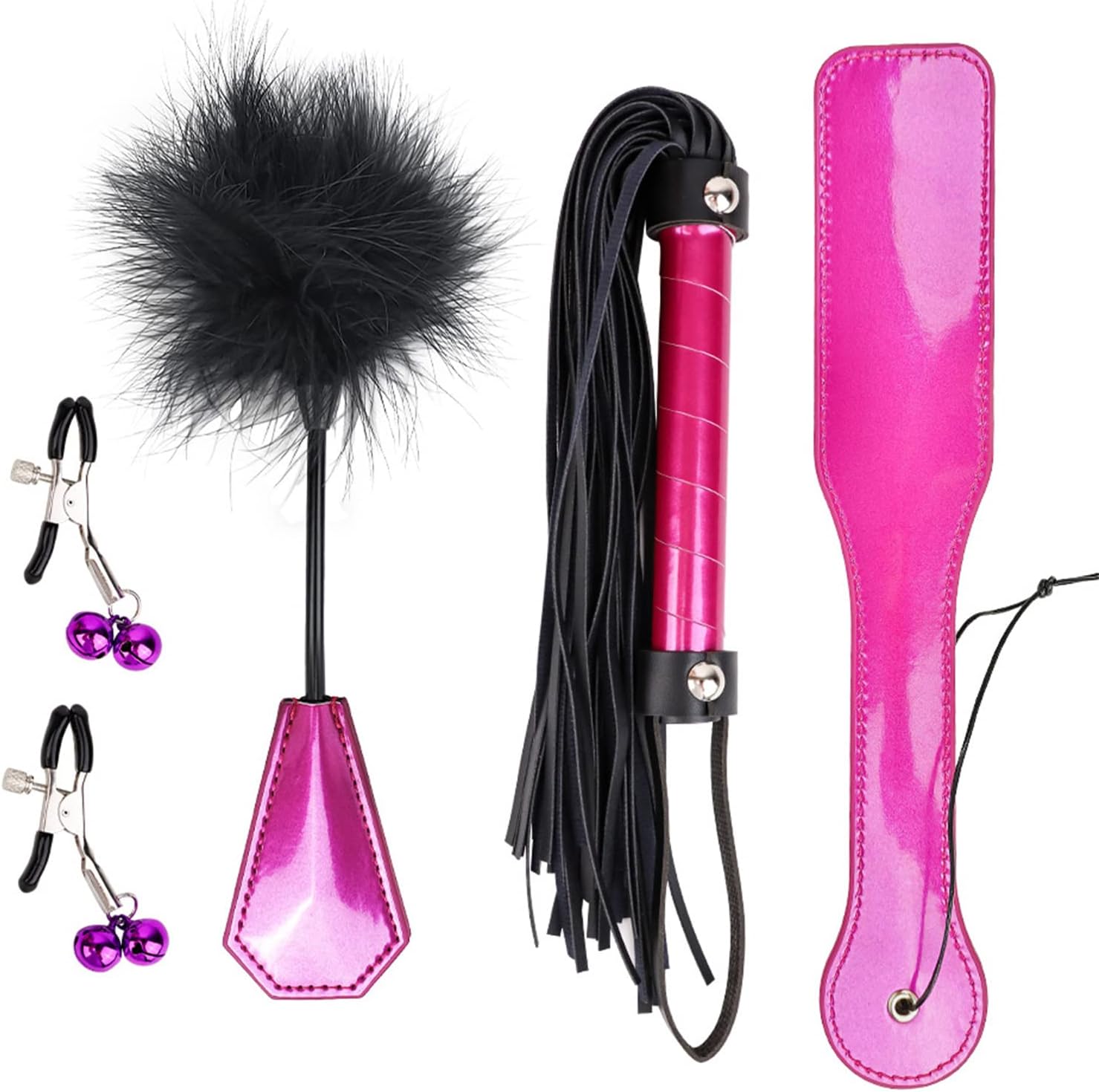 4 PCS BDSM Training Set Sex Whip Adult Sex Flap Paddle Role Playing Adult Role Playing Sex Game BDSM Feather Hand Flap Whip Nipple Clip A-Hot Pink
